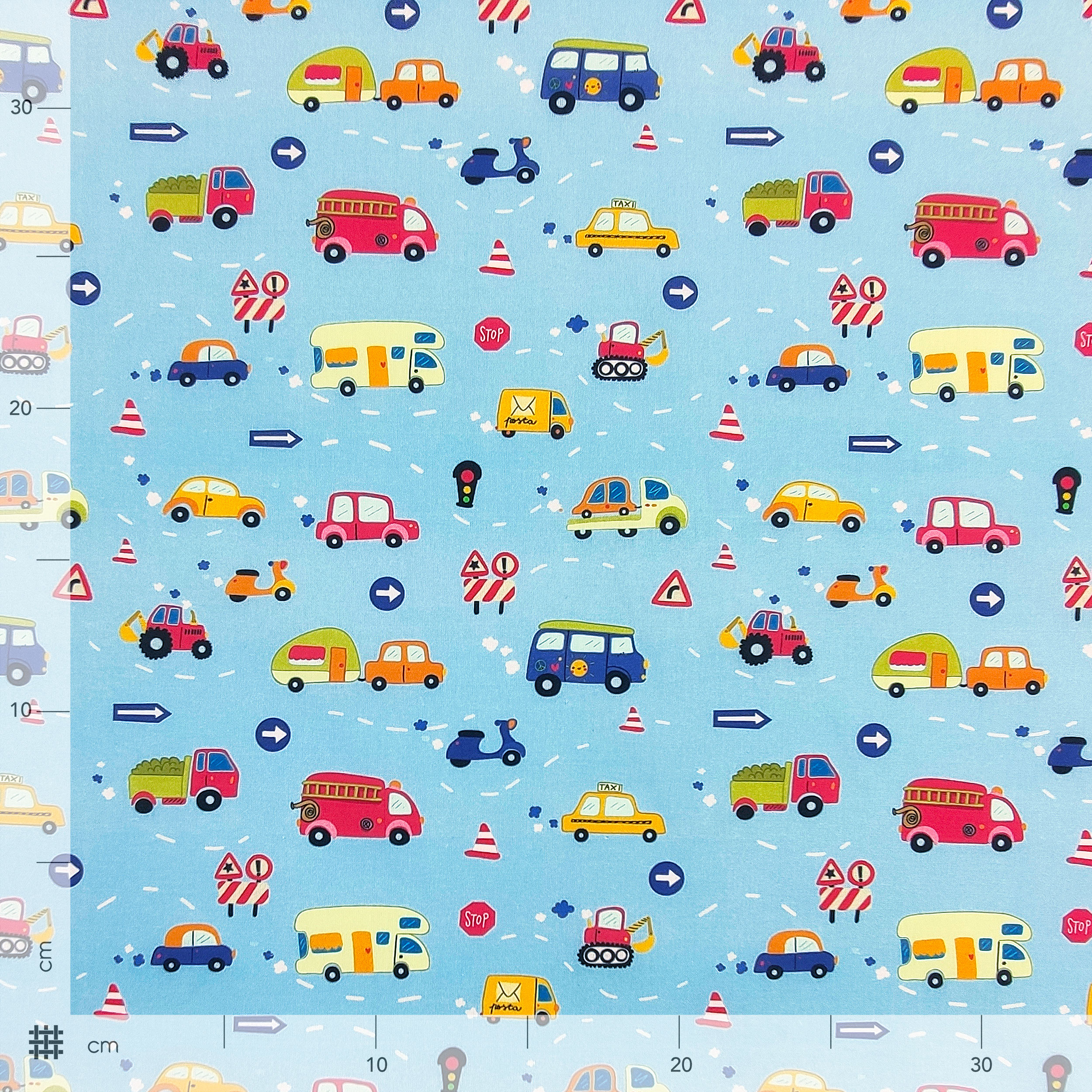 Ritaglio Cotone Macchinine Piccole Sfondo Azzurro 50x150 cm