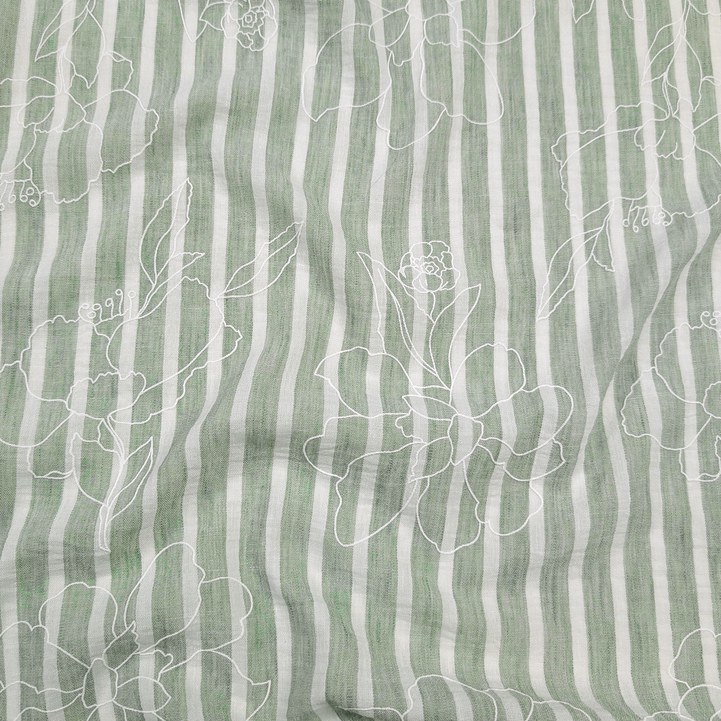 Mixed Linen Green and White Stripes with Flowers Image