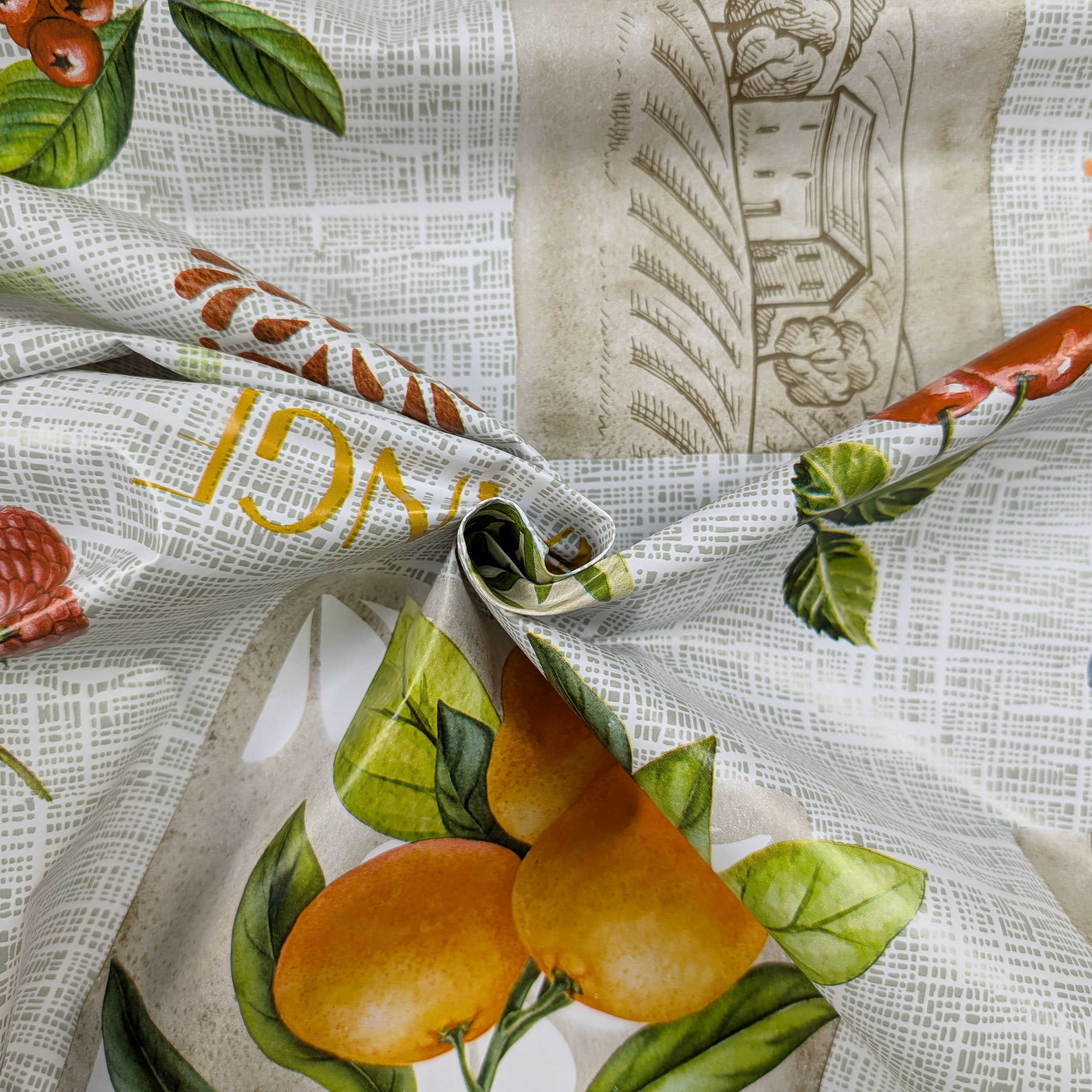 Fabric for Plasticised Tablecloth Fruits and Writings Image