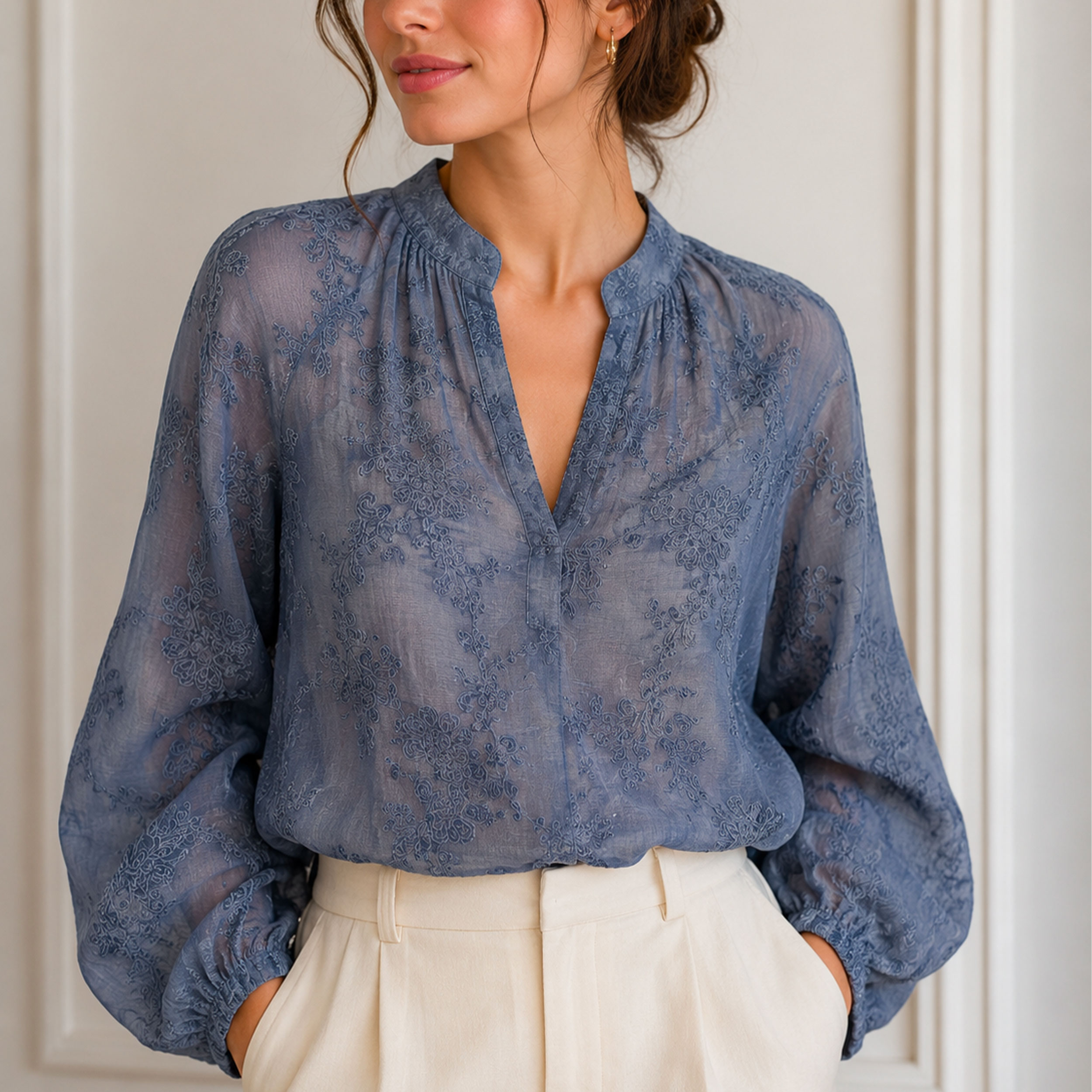 Blue Embroidered Muslin Cloth with Flowers, 80x135 cm Image
