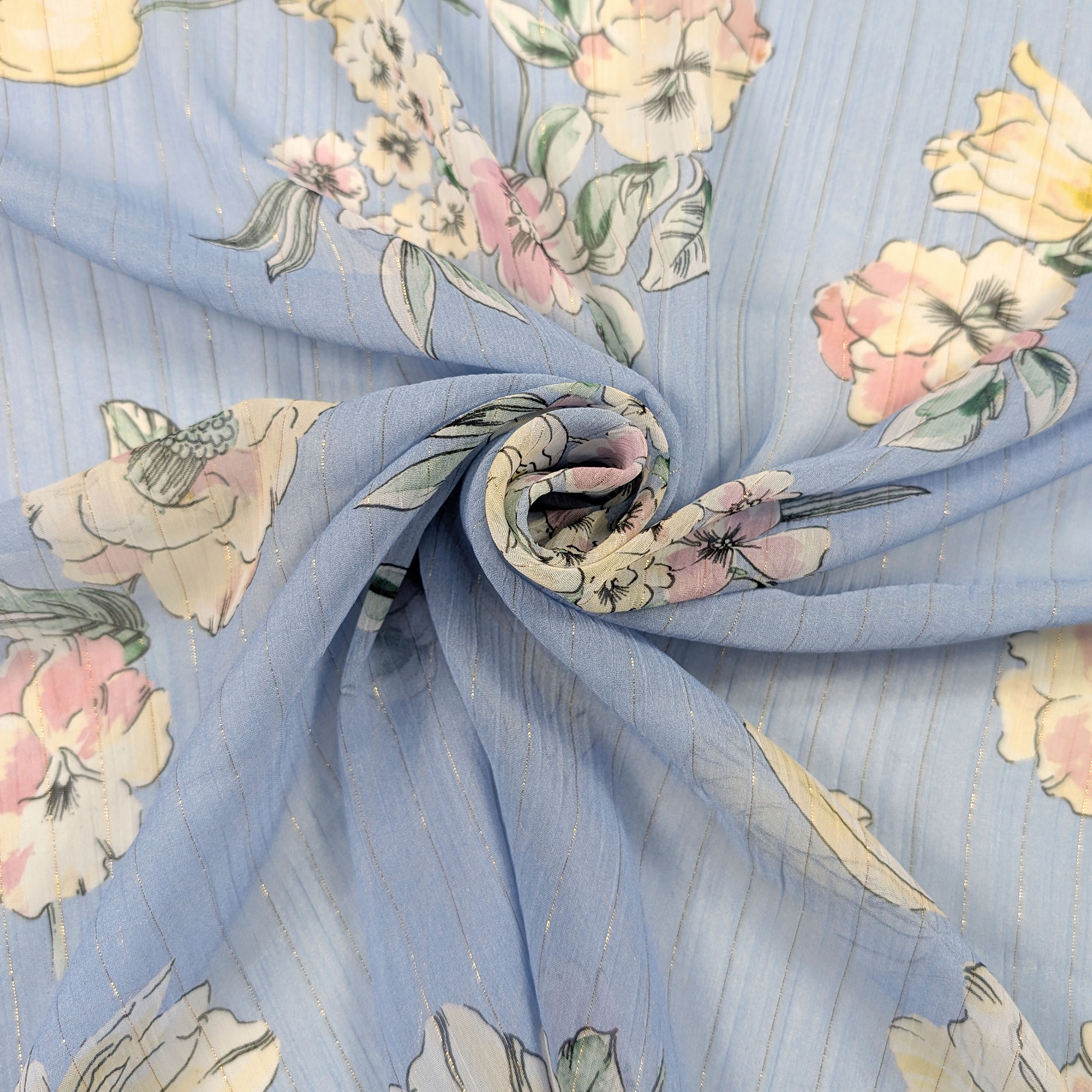Chiffon Lurex Flowers and Stripes Light blue background Image