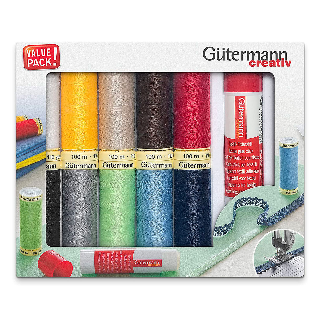 Gutermann Cucitutto 10 bobinas con barra de pegamento