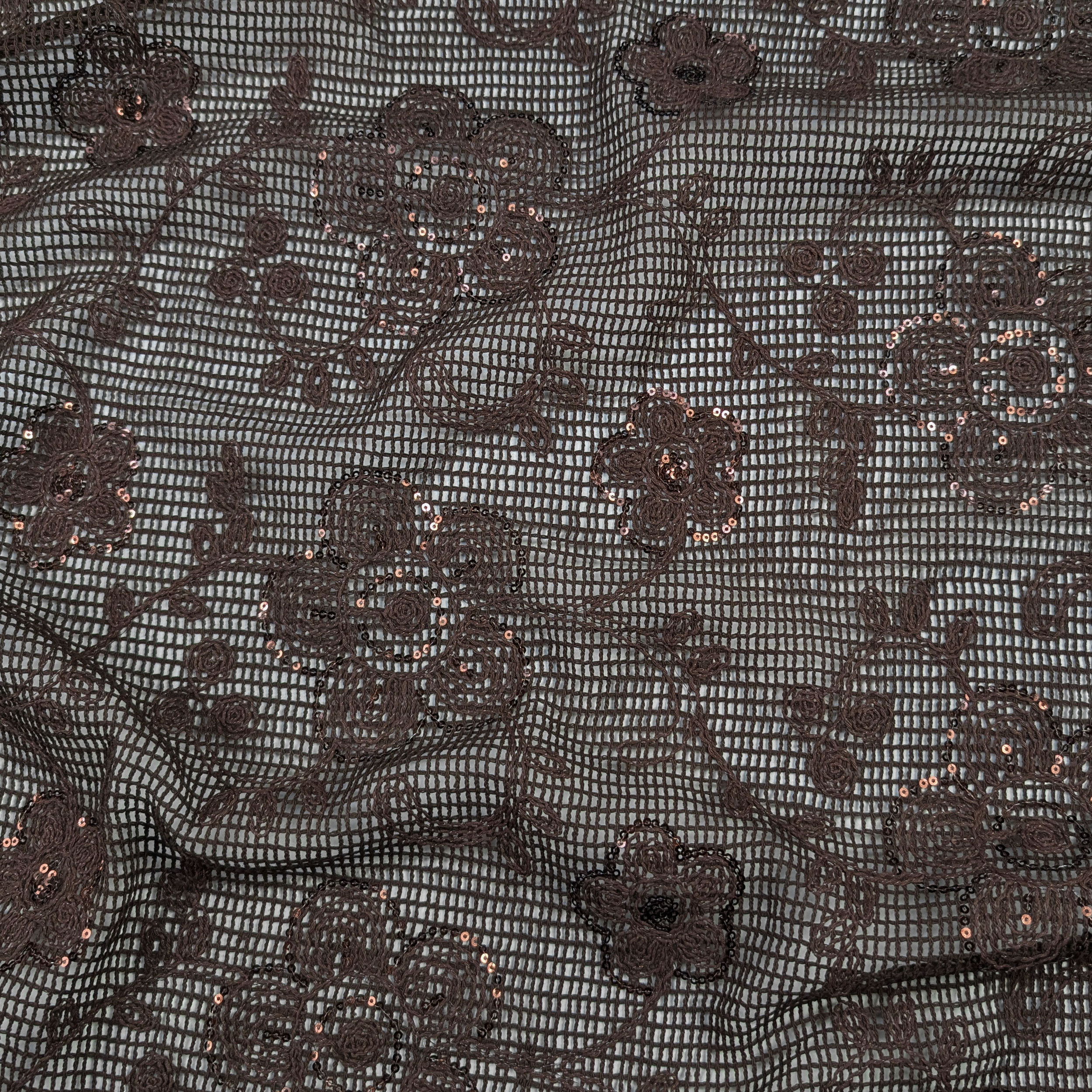 Embroidery On Mesh Brown Flowers With Sequins Image