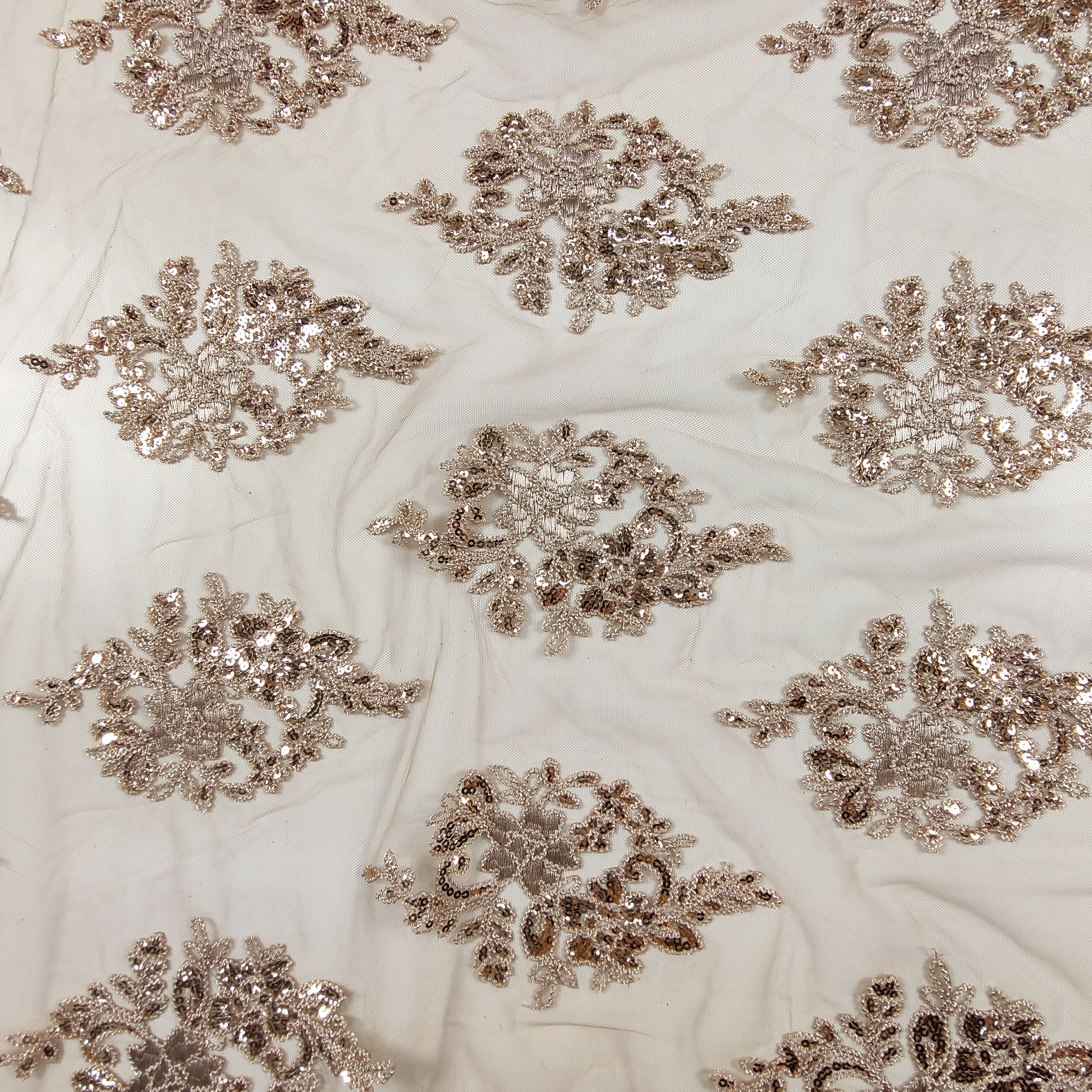 Tissu Tulle Broderie Paillettes Double Feston Beige