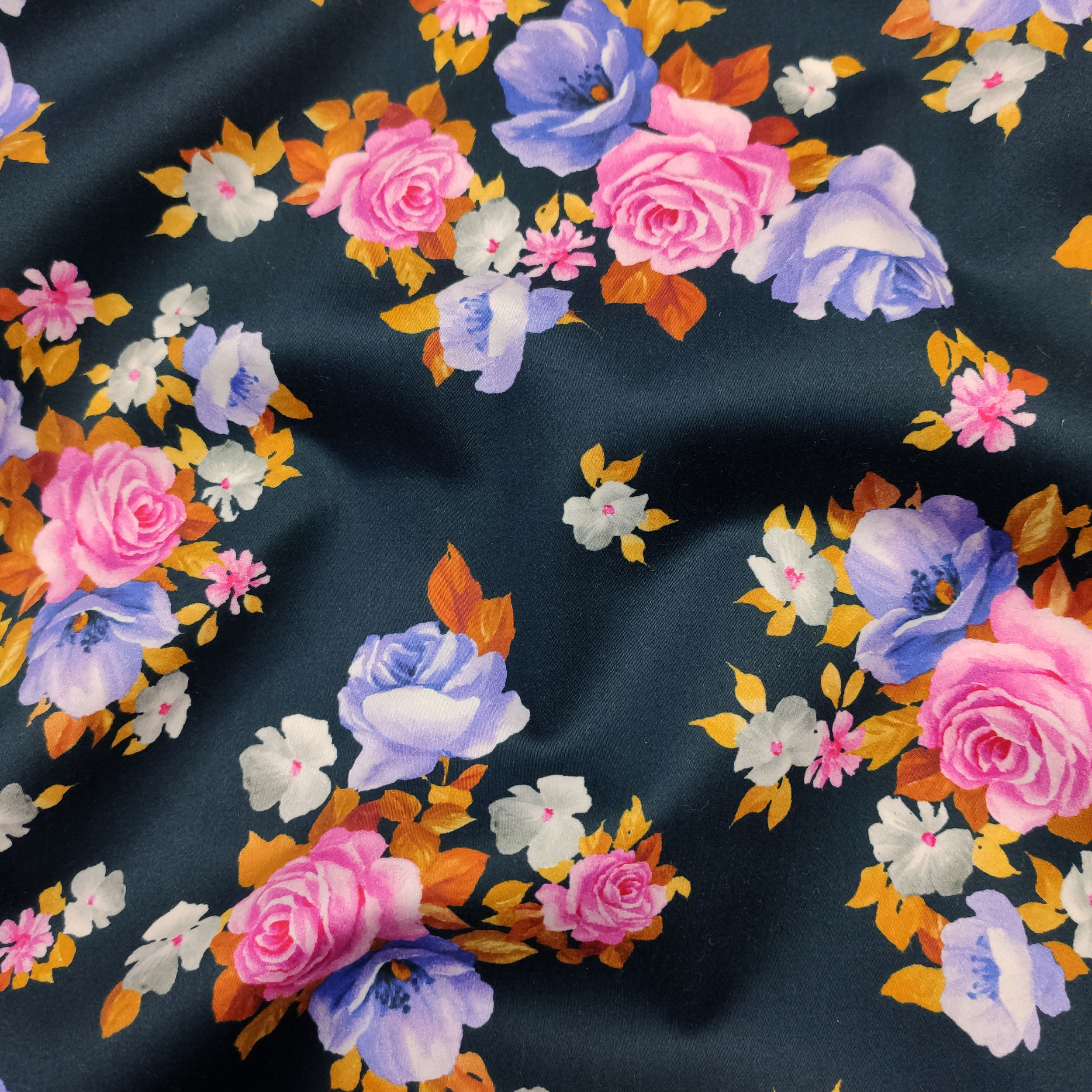 Floral Cotton Satin Navy Background