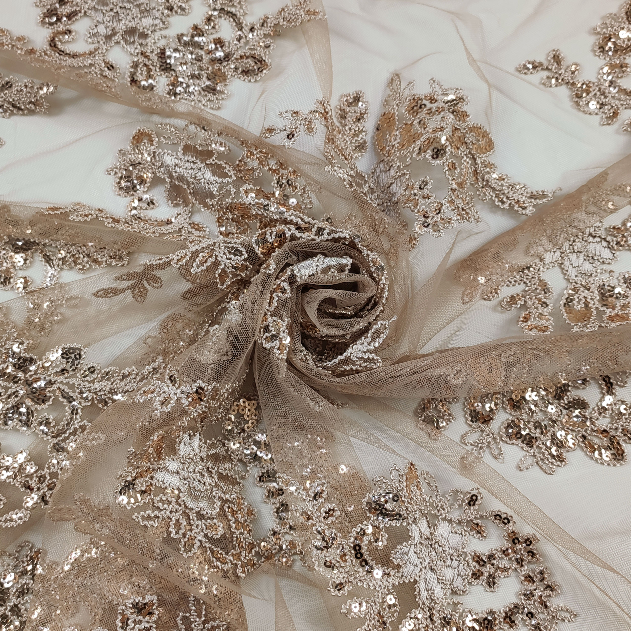 Fabric Tulle Embroidery Sequins Double Scallop Beige Image