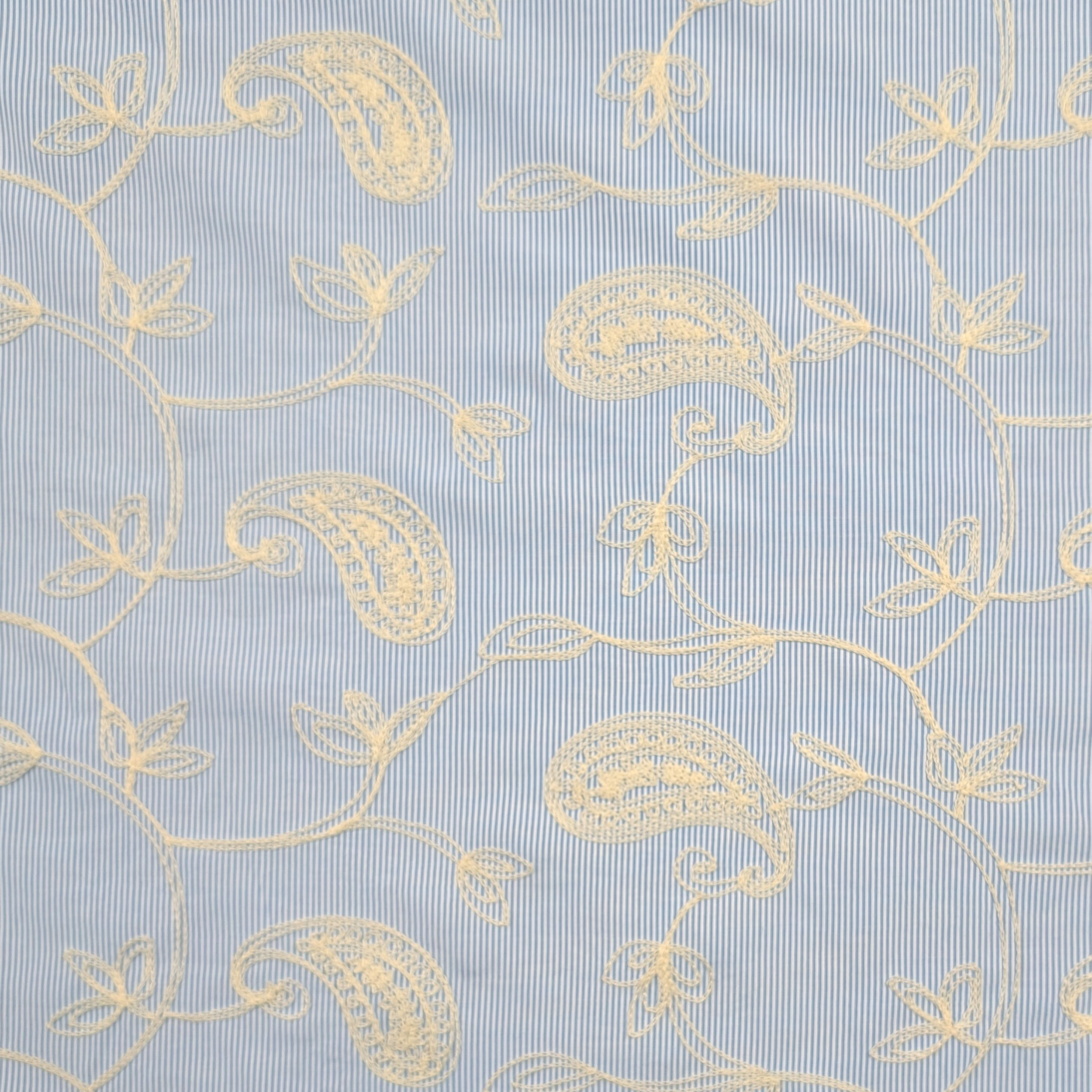 Light Blue Fine-Striped Cotton with Embroidered Leaves Image