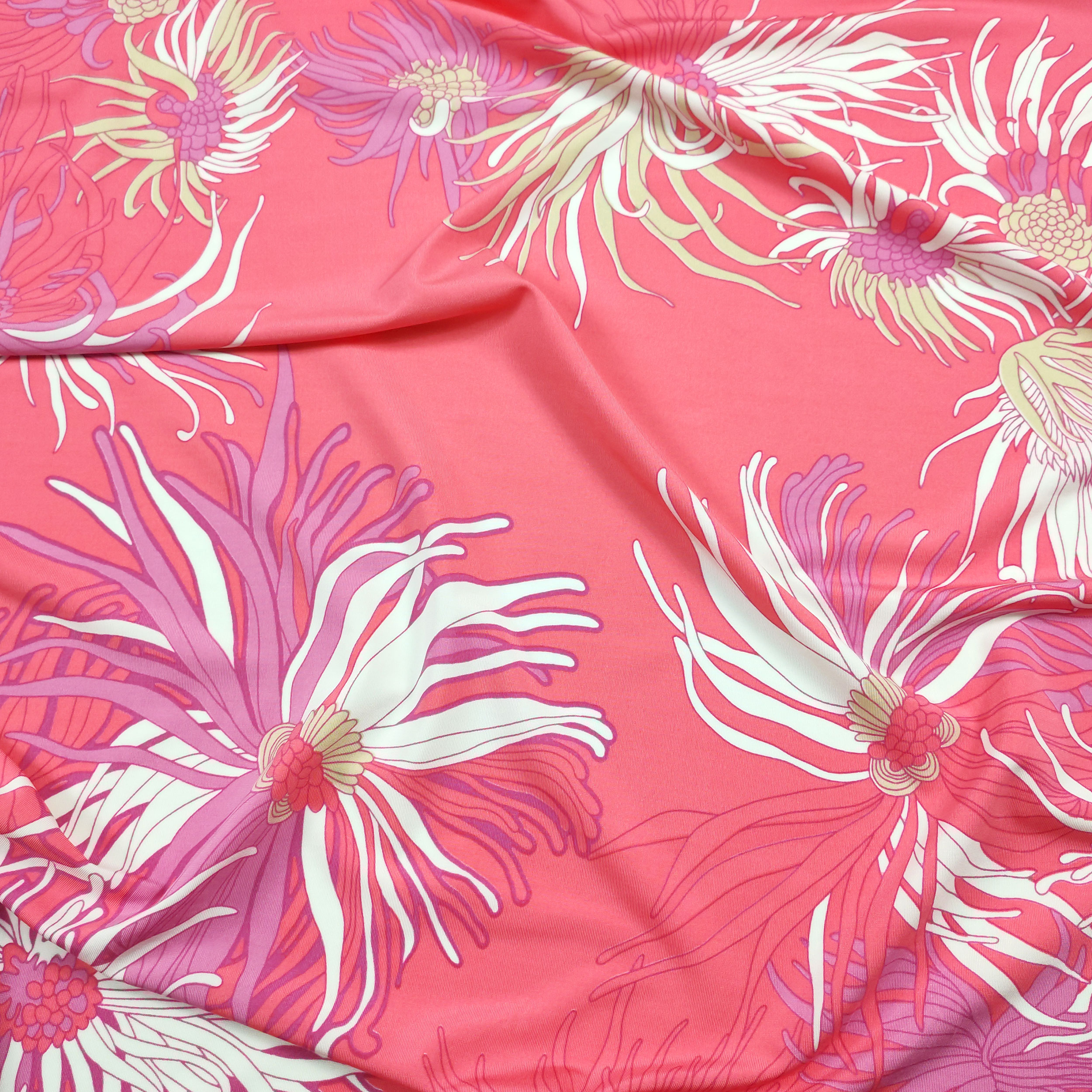 Viscose Silk Jersey Flowers Coral Background