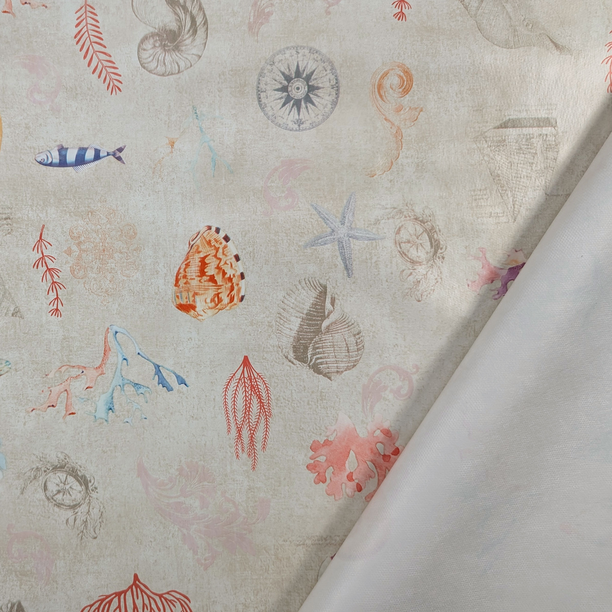 Fish and Shells Patterned Plasticised Tablecloth Fabric Image