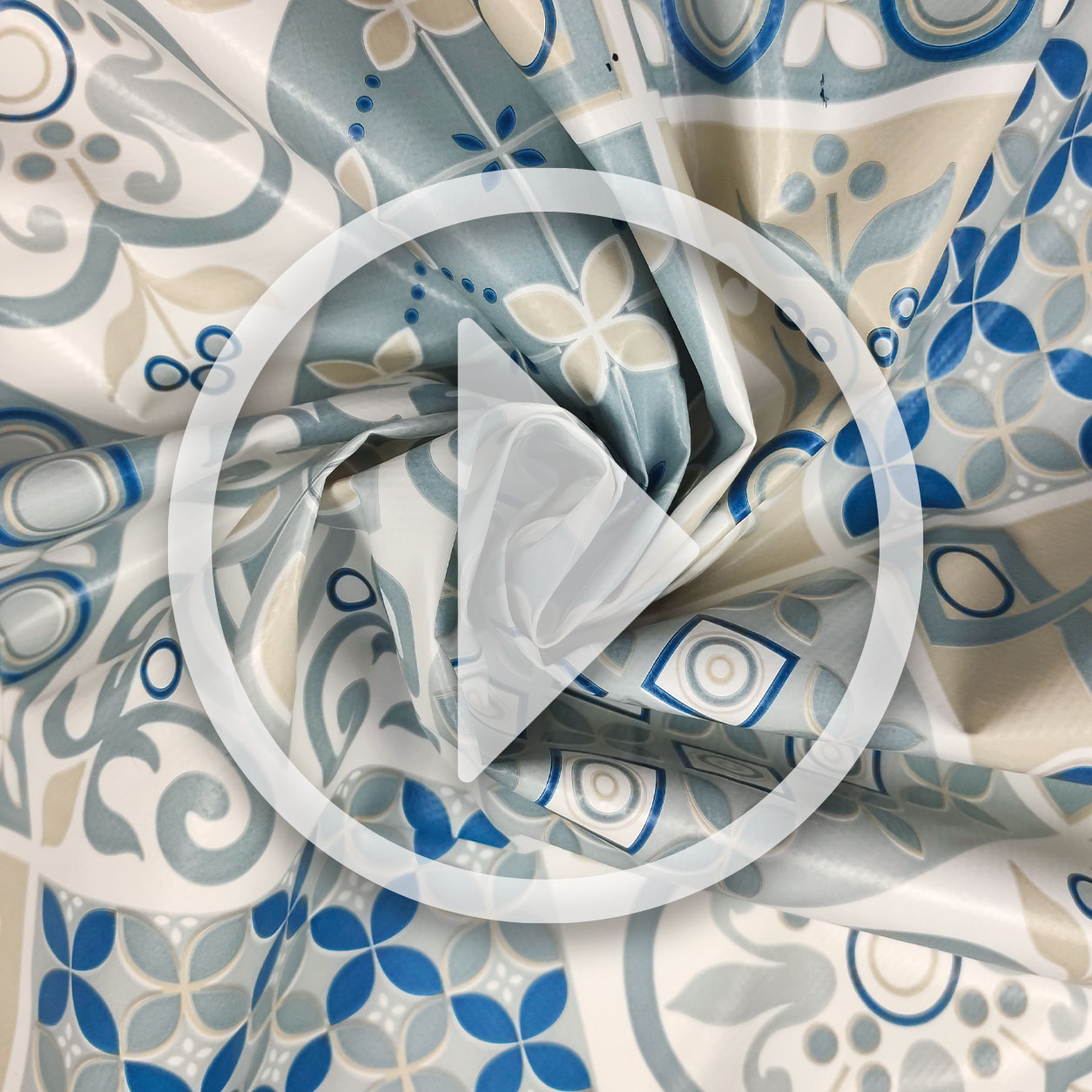 Plastic-coated Tablecloth Fabric Blue and Beige Floral Tiles Image