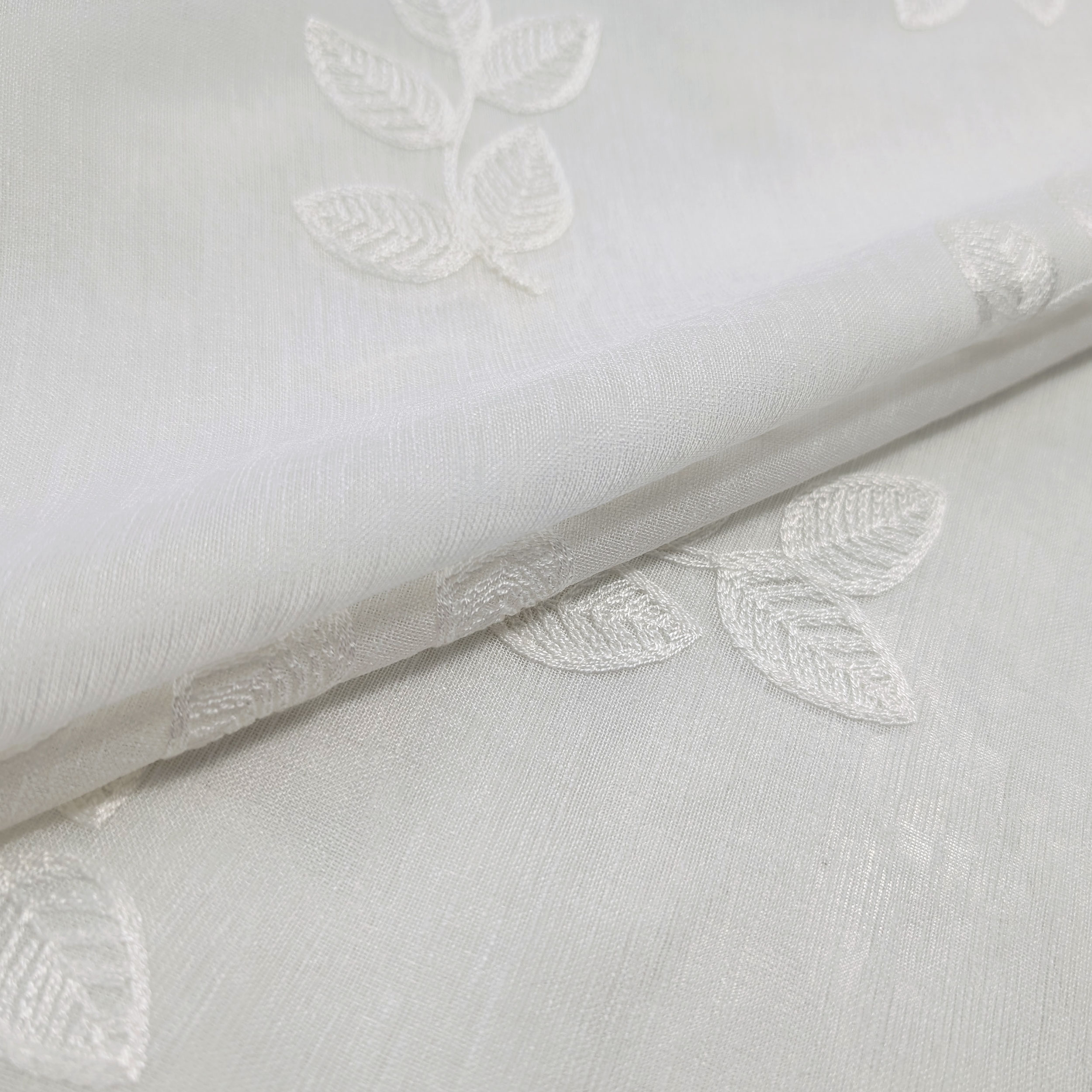 Embroidered Leaf Curtain Fabric White Image