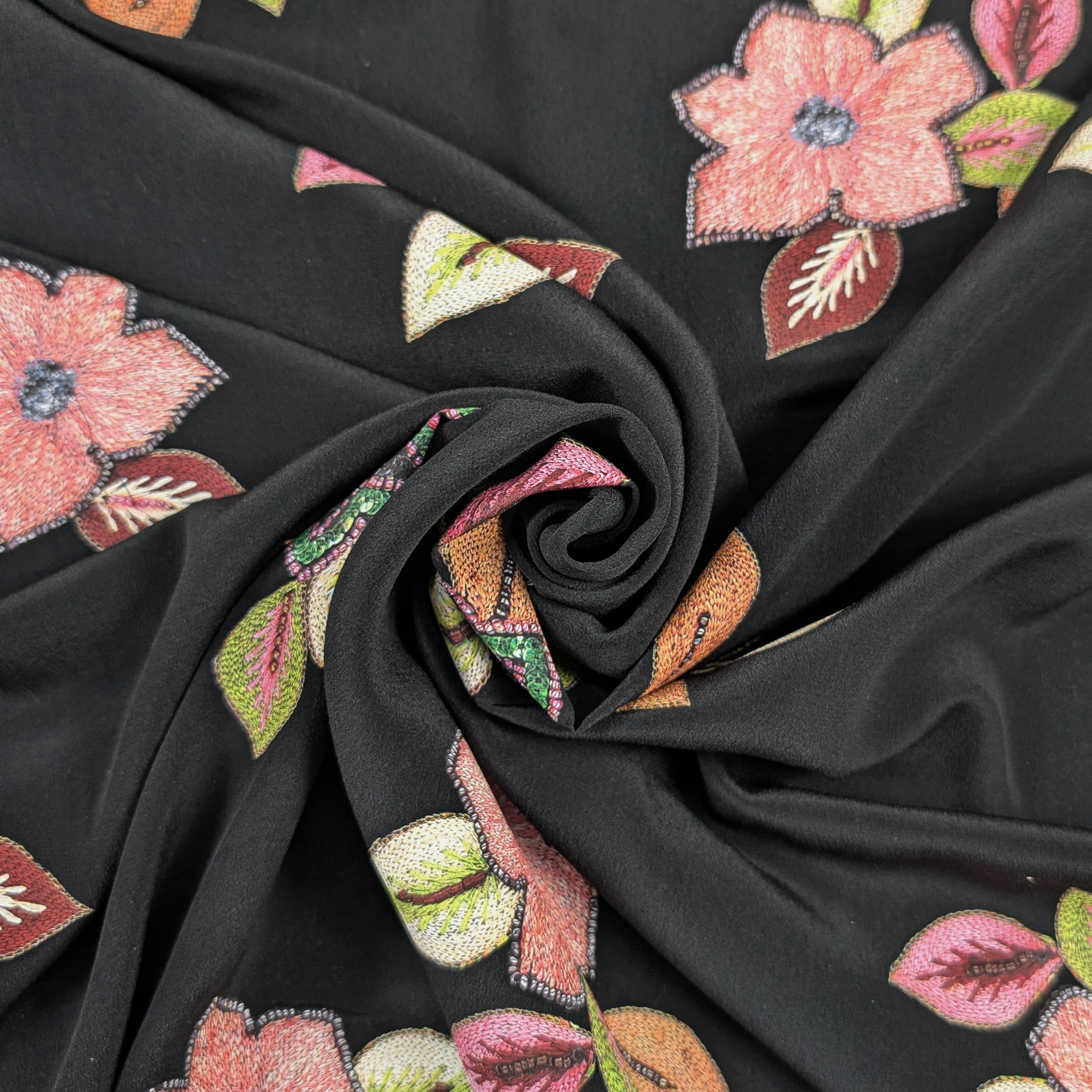 Crepe Silk High Fashion Black with Flowers Image