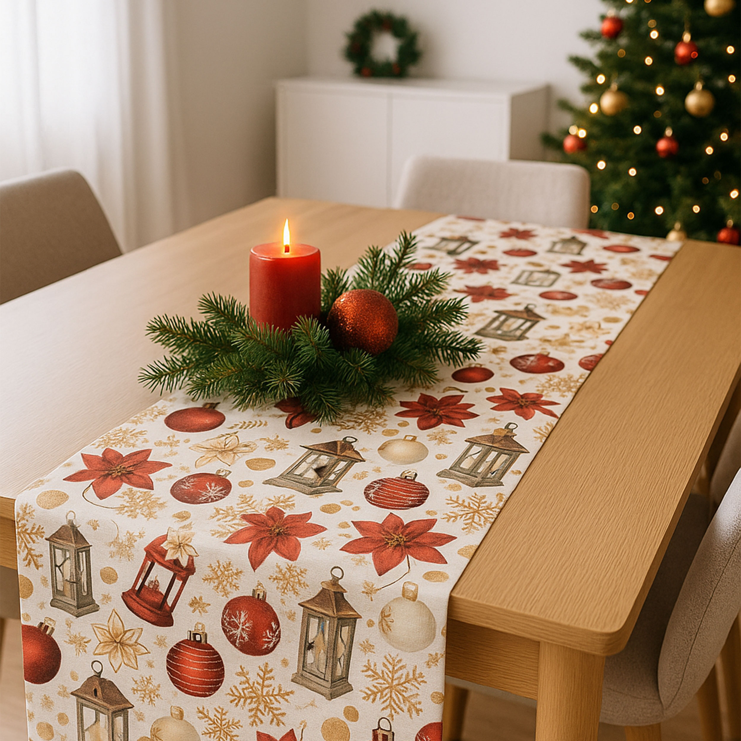 Christmas decoration fabric Lurex balls and lanterns Image