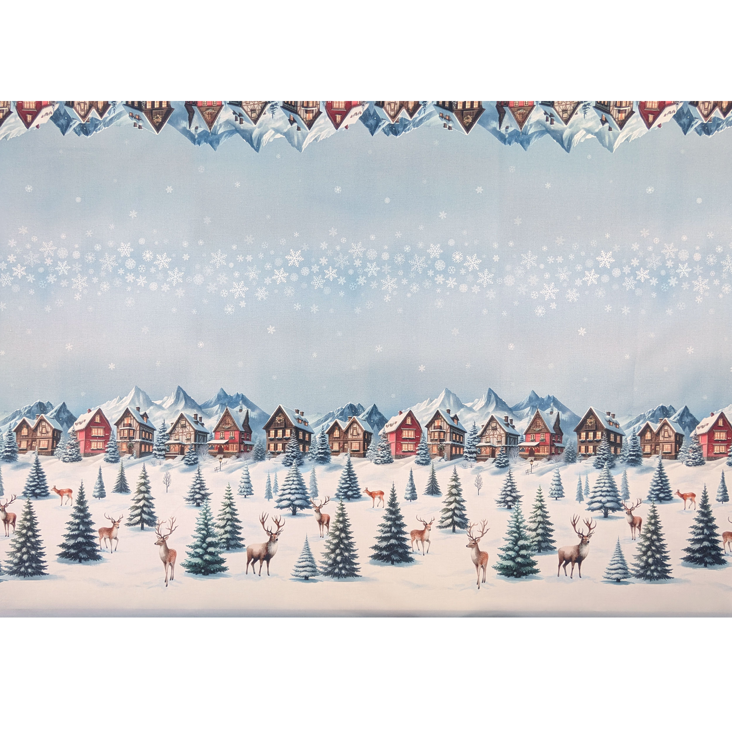Resin Tablecloth Fabric with Snow Village Border Image