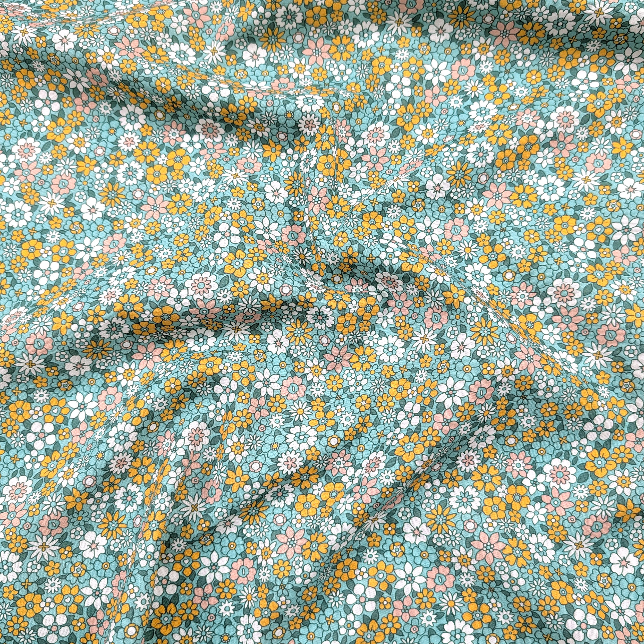 Poplin Cotton Yellow Flowers Green Background Image
