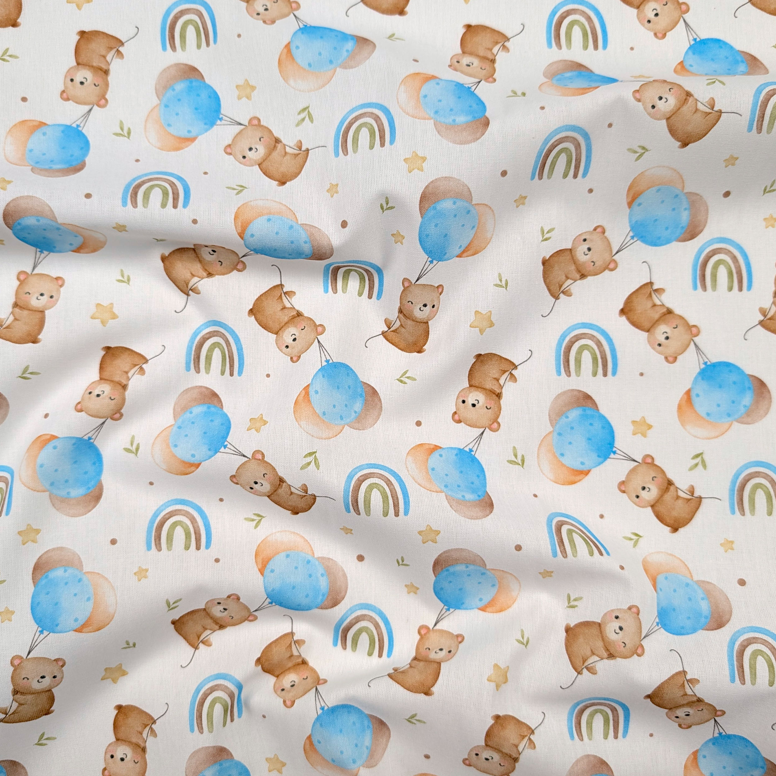 Light Blue Percale Cotton with Bears and Balloons Image