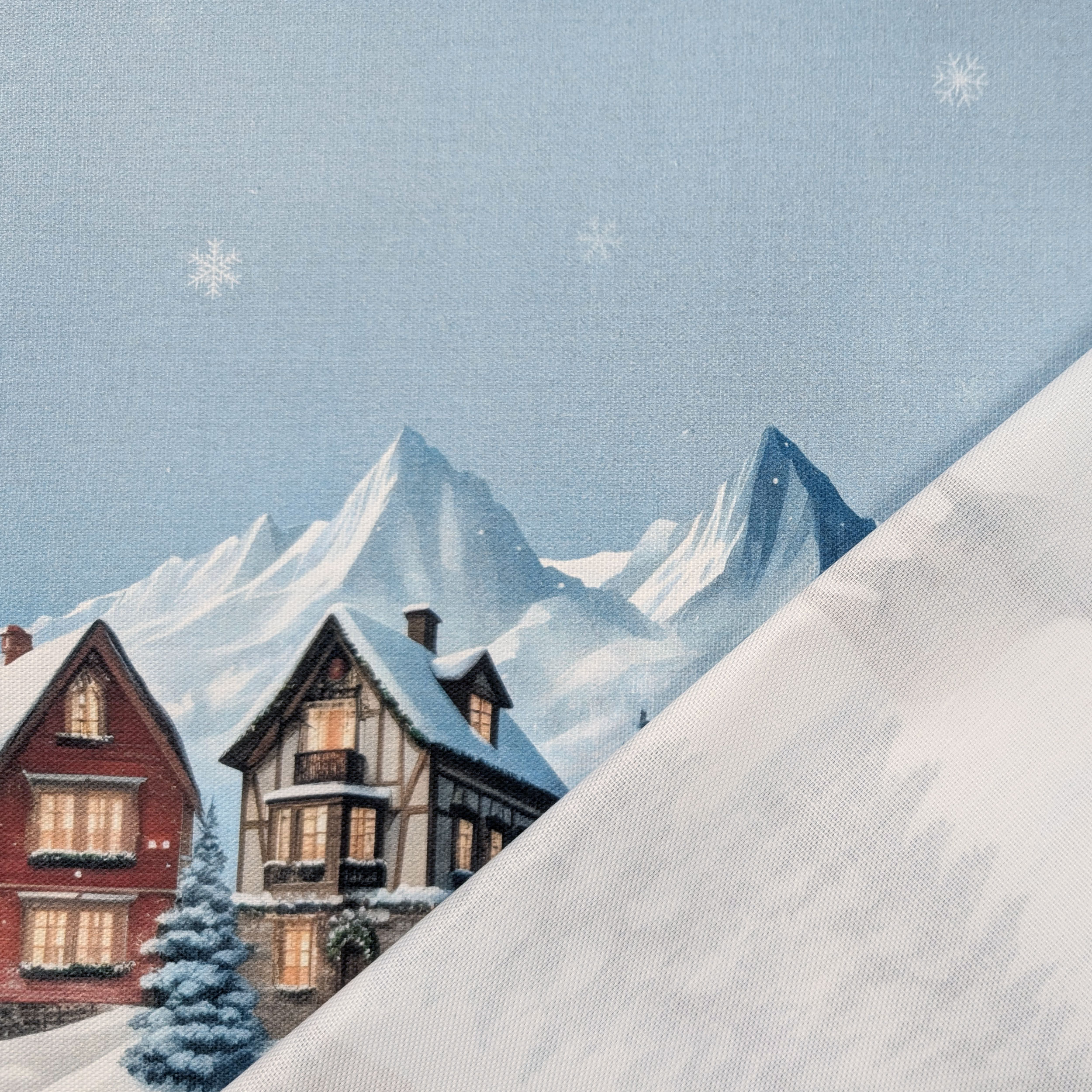Resin Tablecloth Fabric with Snow Village Border Image