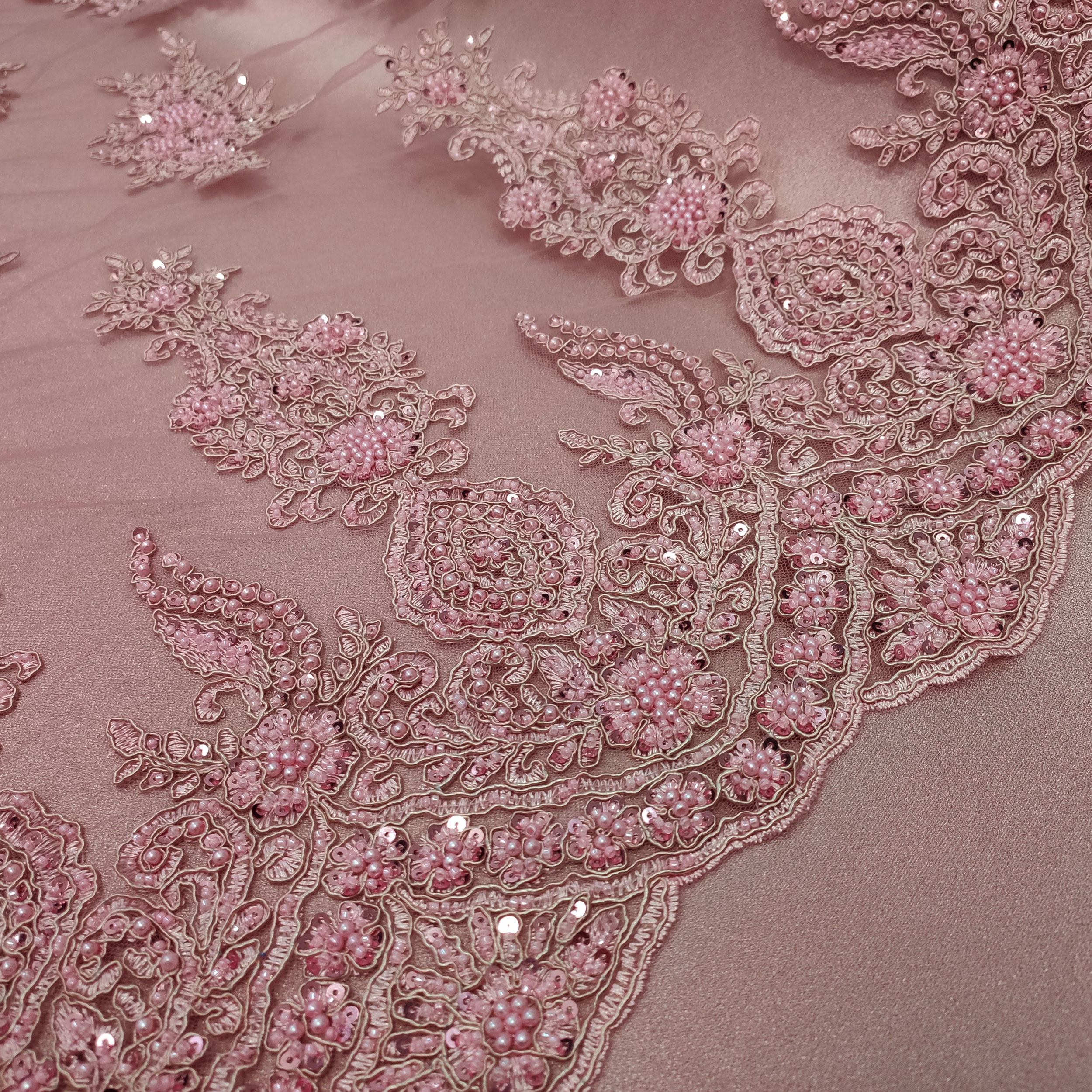 High Fashion Beaded Double Edge Floral Lace - Pink