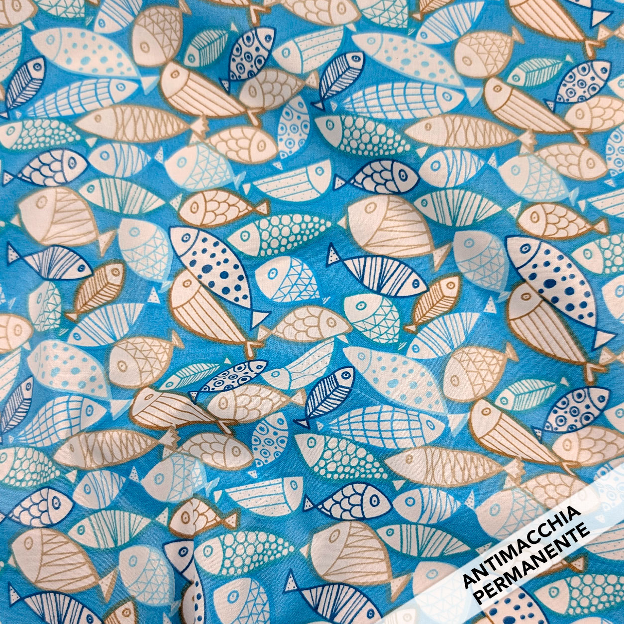 Enduite Tablecloth Fabric Stain-Free Fish Light Blue Image
