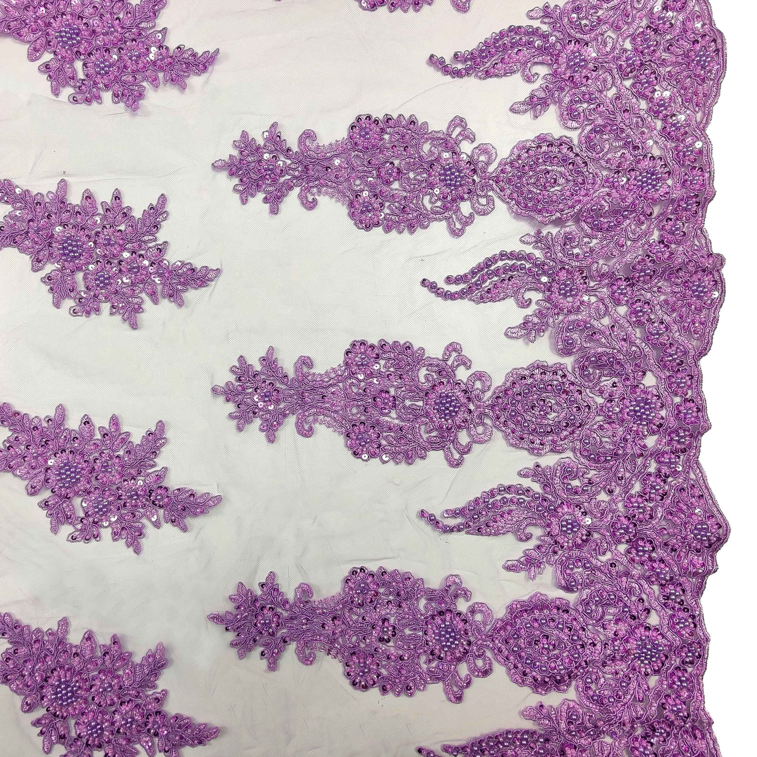 High Fashion Beaded Double Edge Floral Lace - Lilac