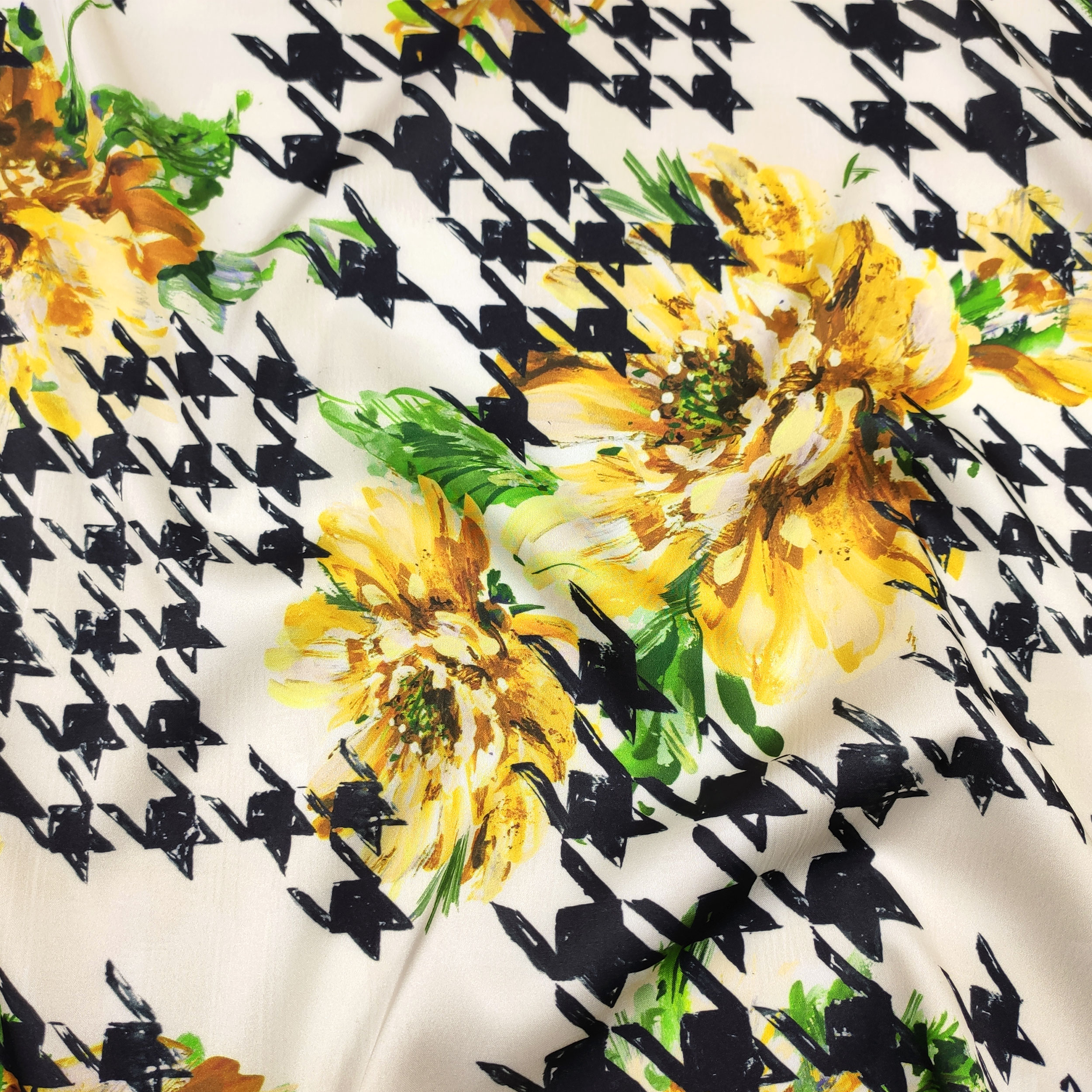 High Fashion Houndstooth Patterned Satin with Flowers