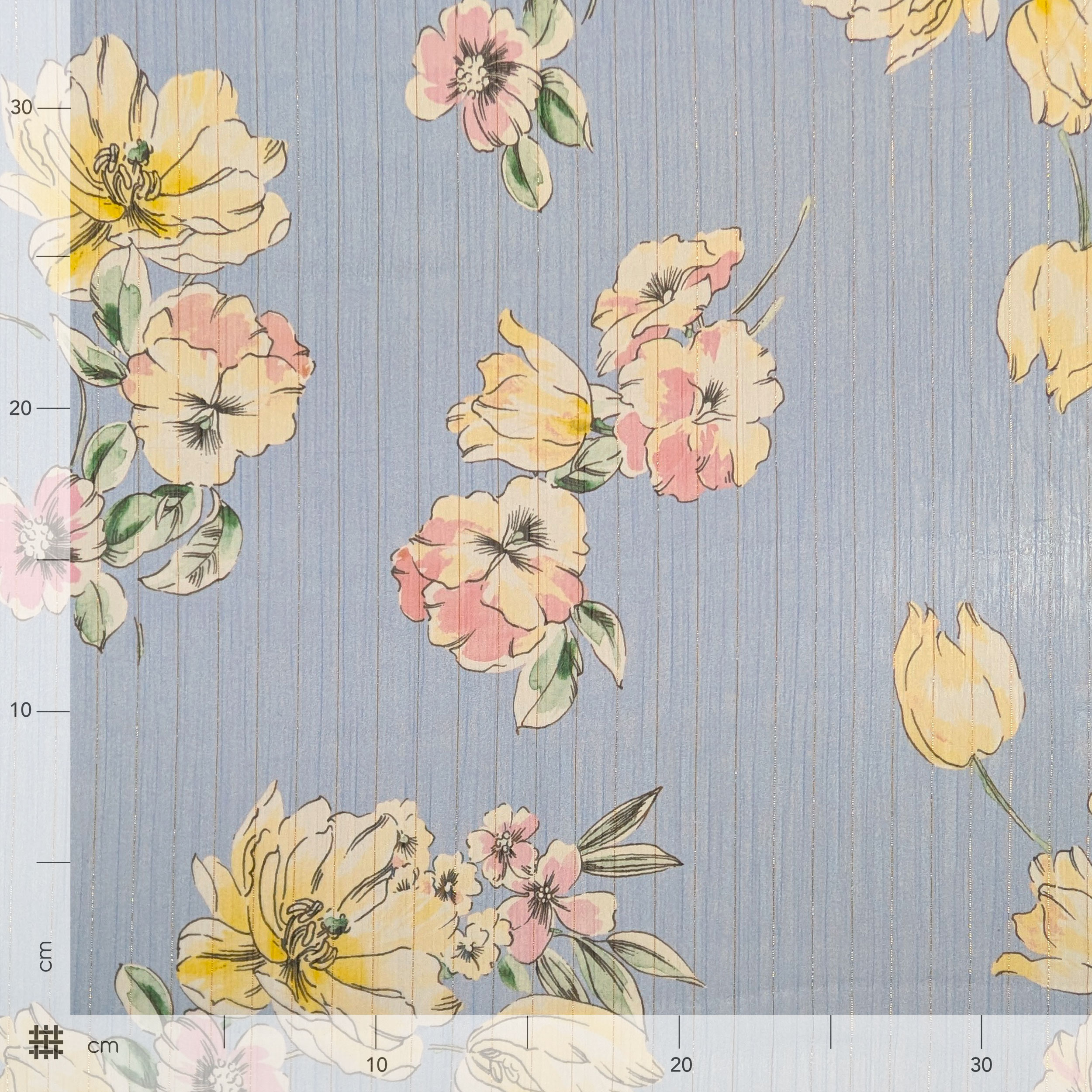 Chiffon Lurex Flowers and Stripes Light blue background Image