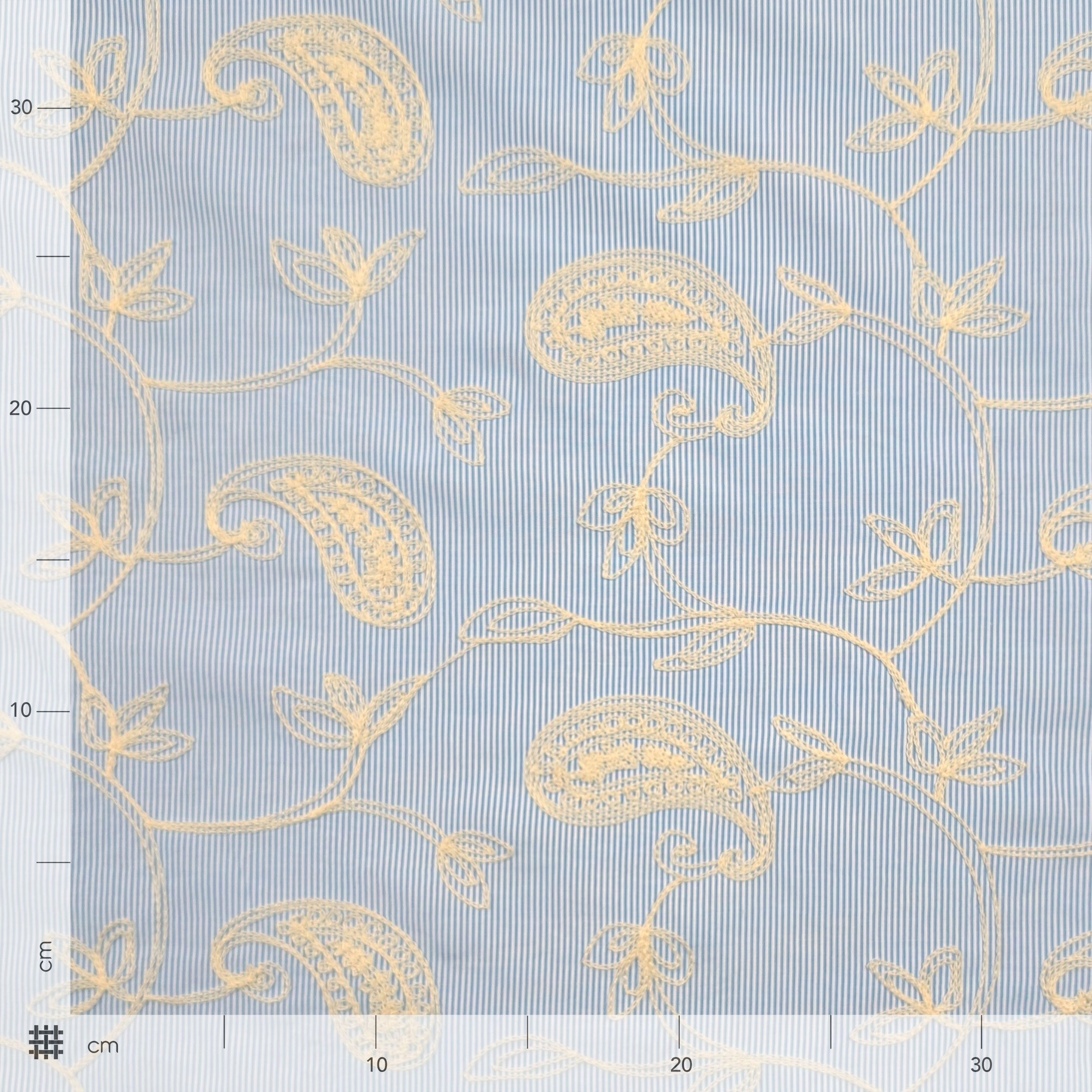 Light Blue Fine-Striped Cotton with Embroidered Leaves Image