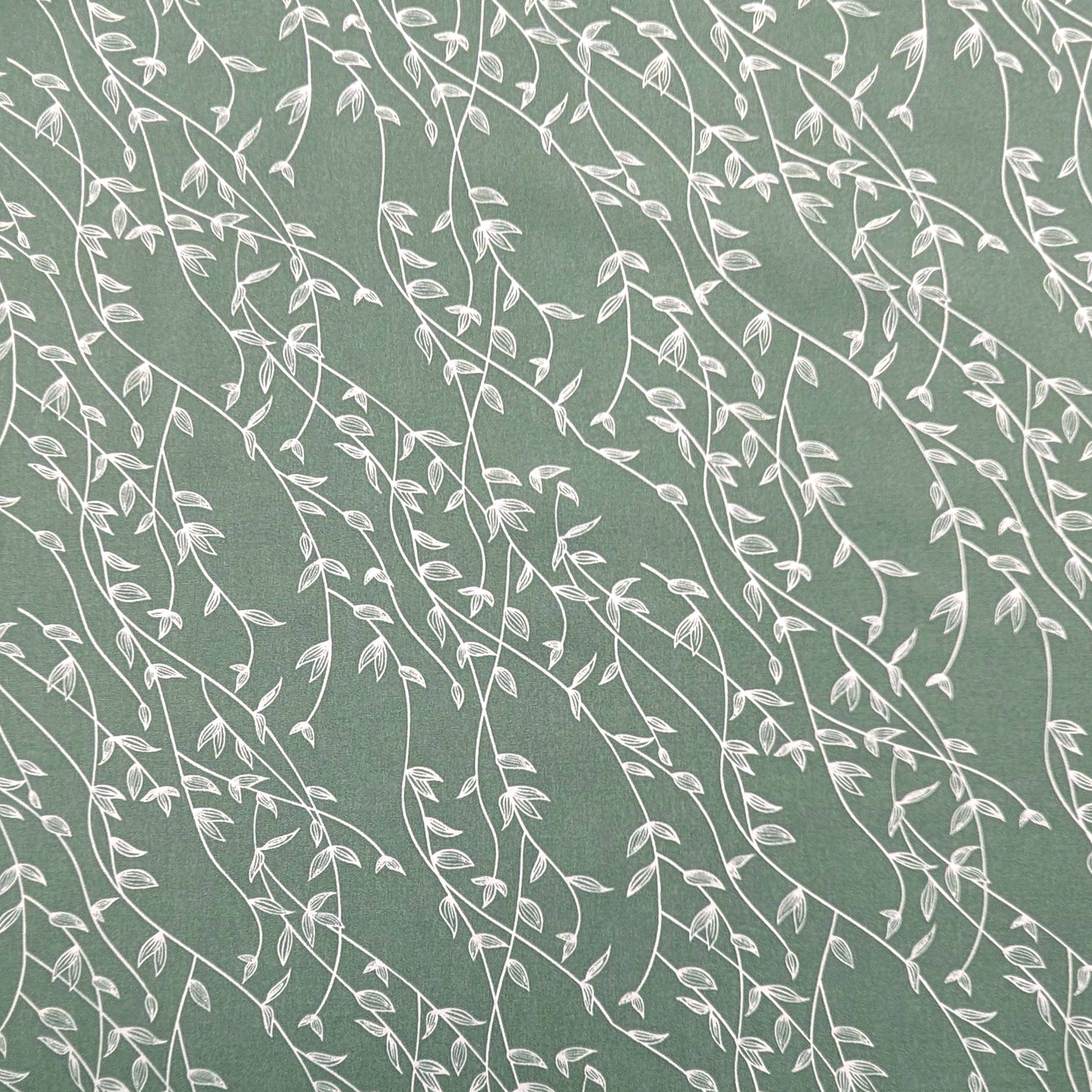 Sage Cotton Poplin with Branches and White Leaves