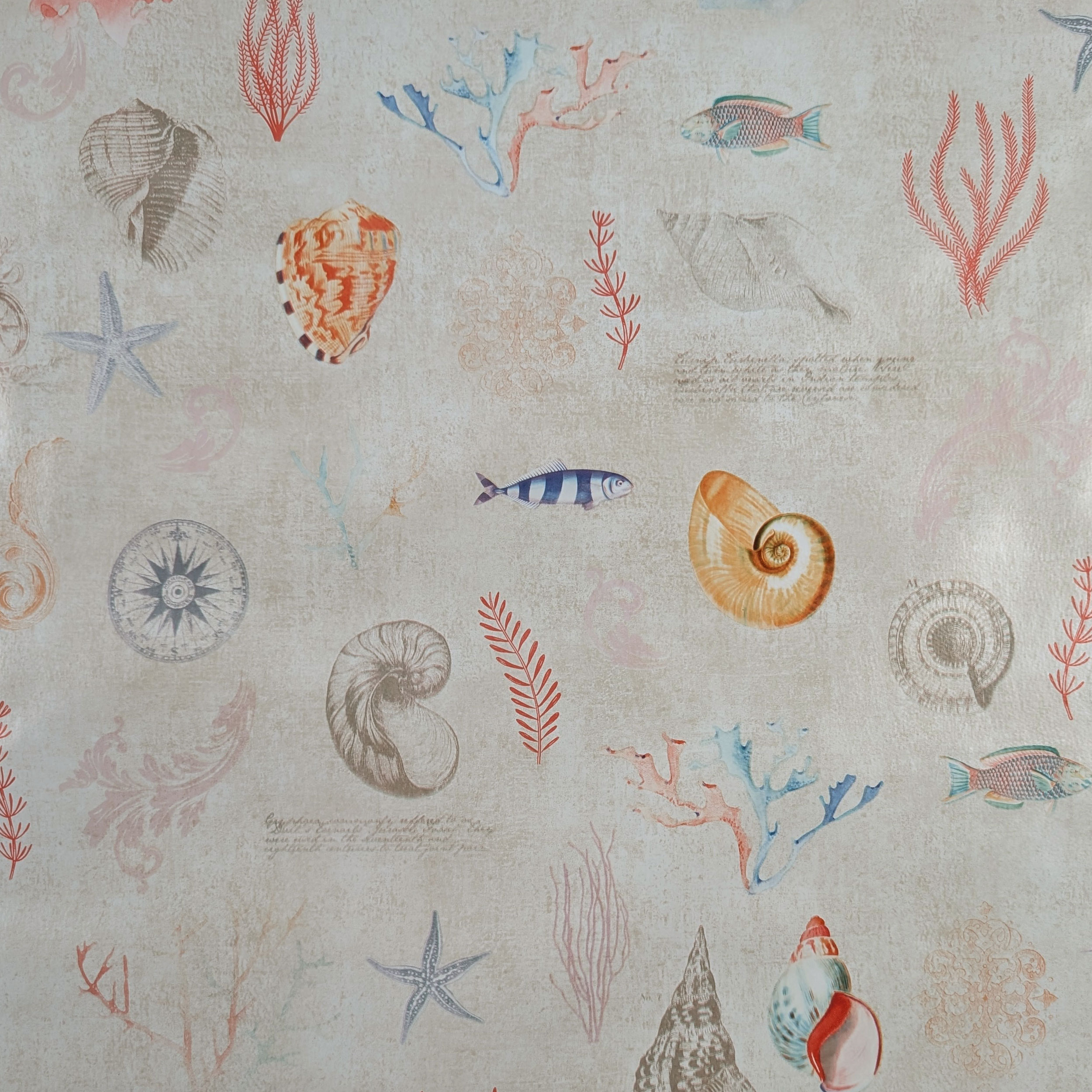 Fish and Shells Patterned Plasticised Tablecloth Fabric Image