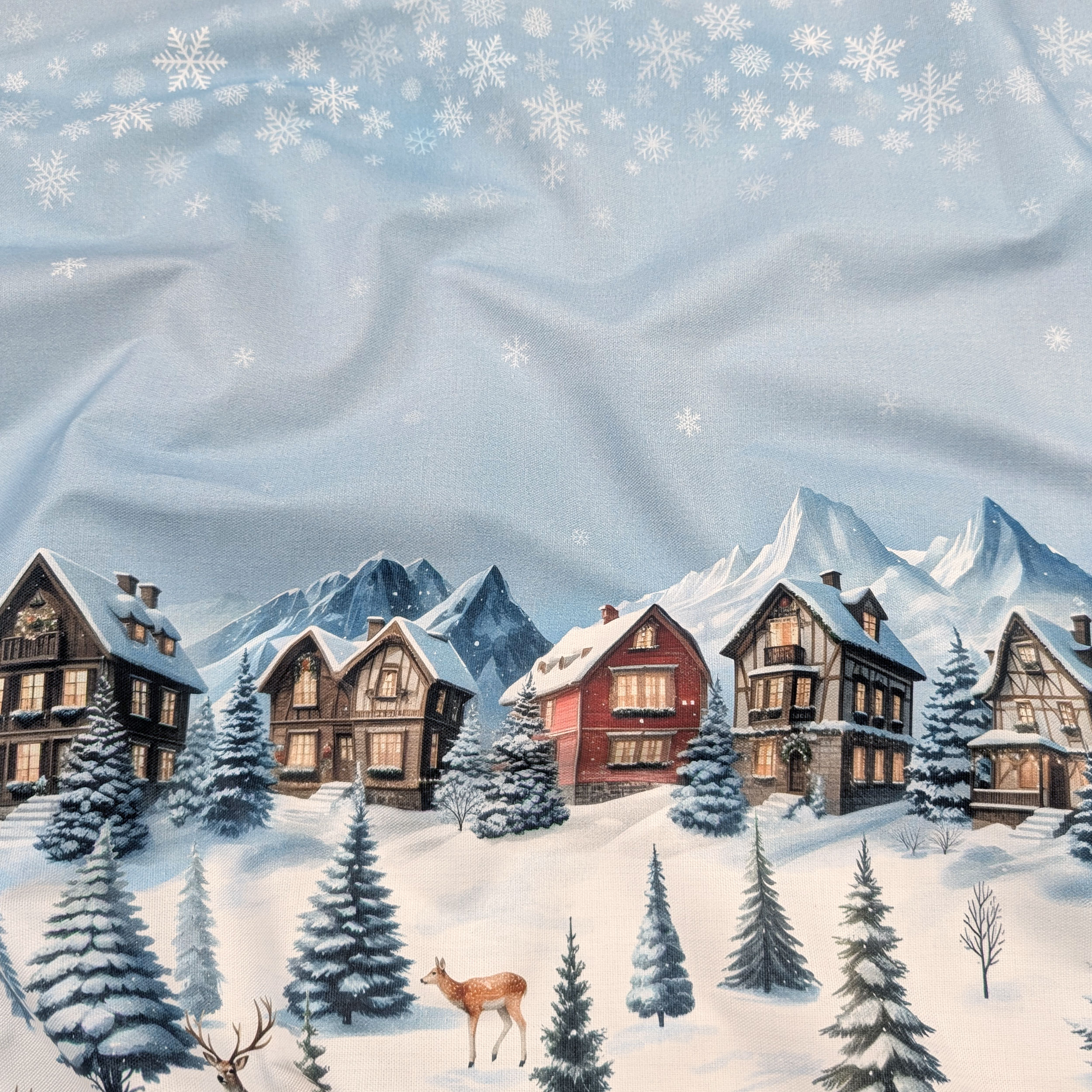 Resin Tablecloth Fabric with Snow Village Border Image