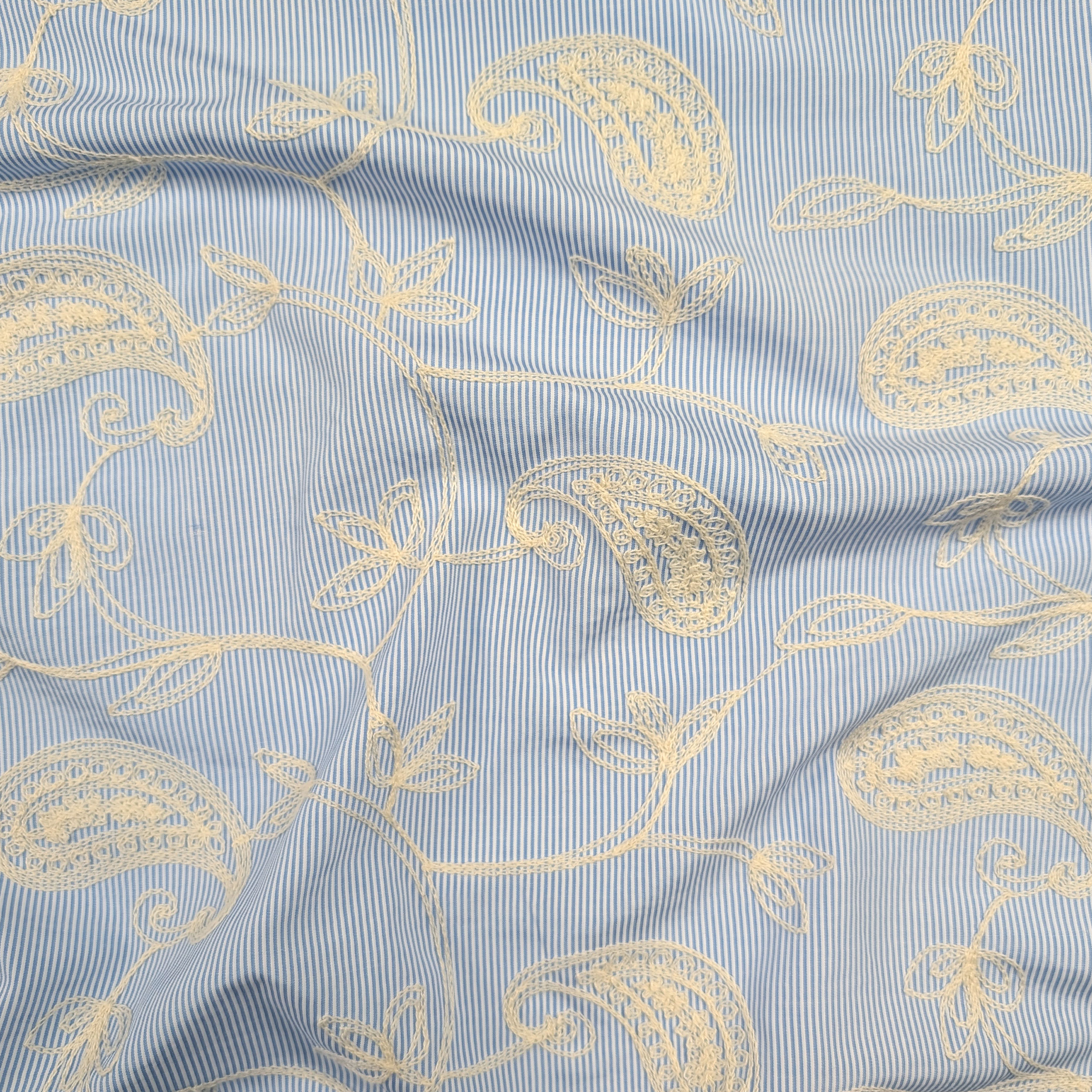 Light Blue Fine-Striped Cotton with Embroidered Leaves Image