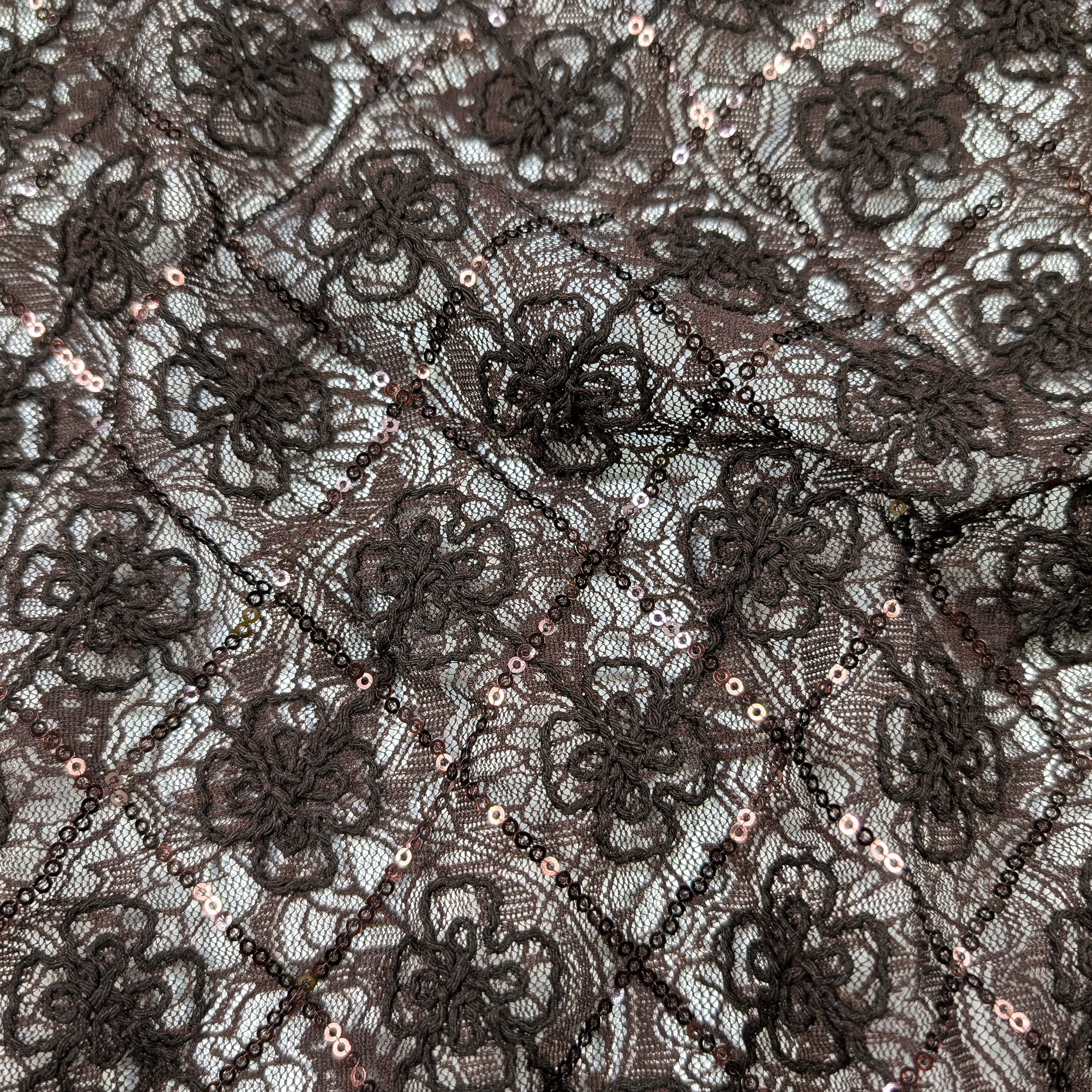 Bi-elastic Lace Embroidered Flowers and Sequins Brown Image