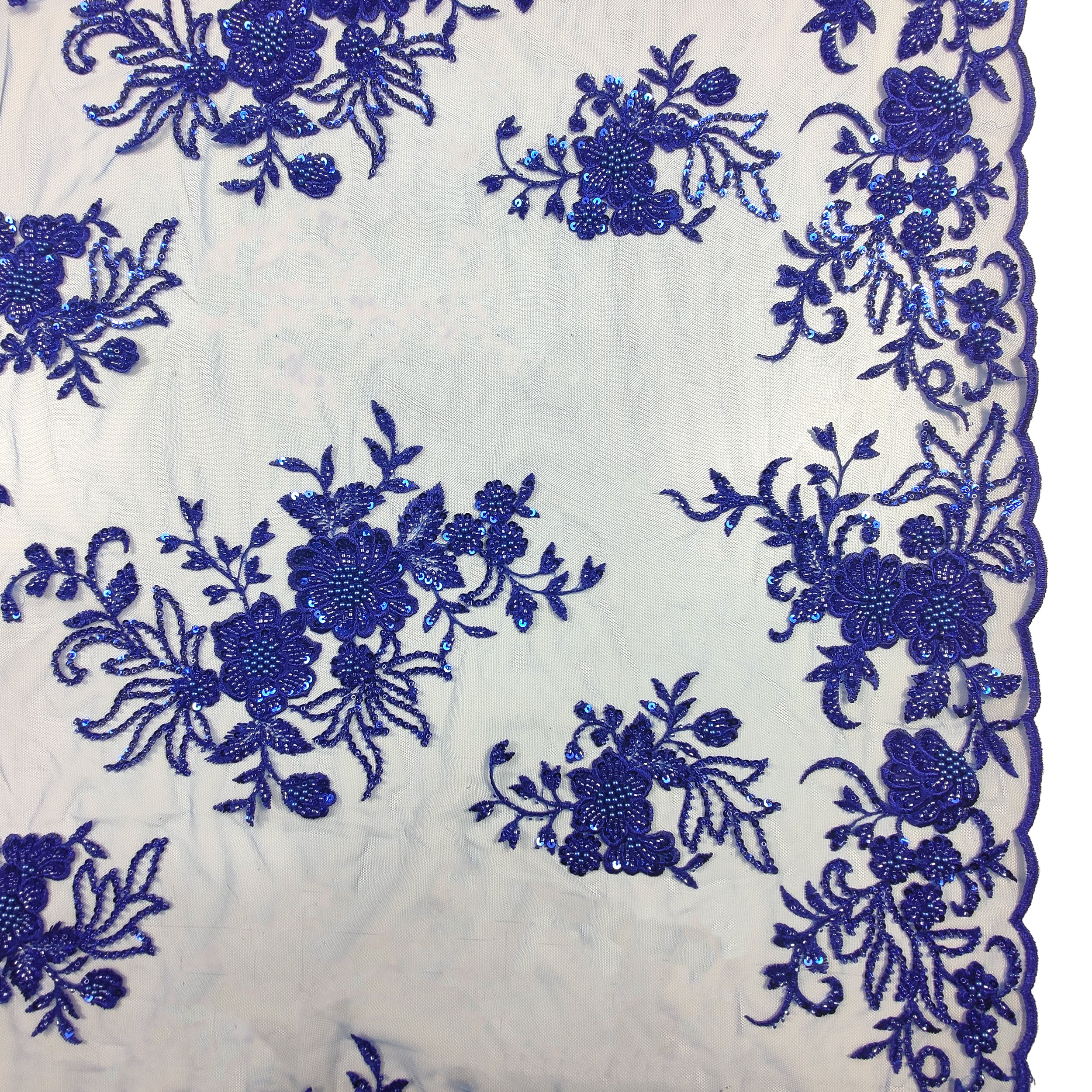 Floral Double Edge Beaded Tulle Lace - Cornflower Blue 