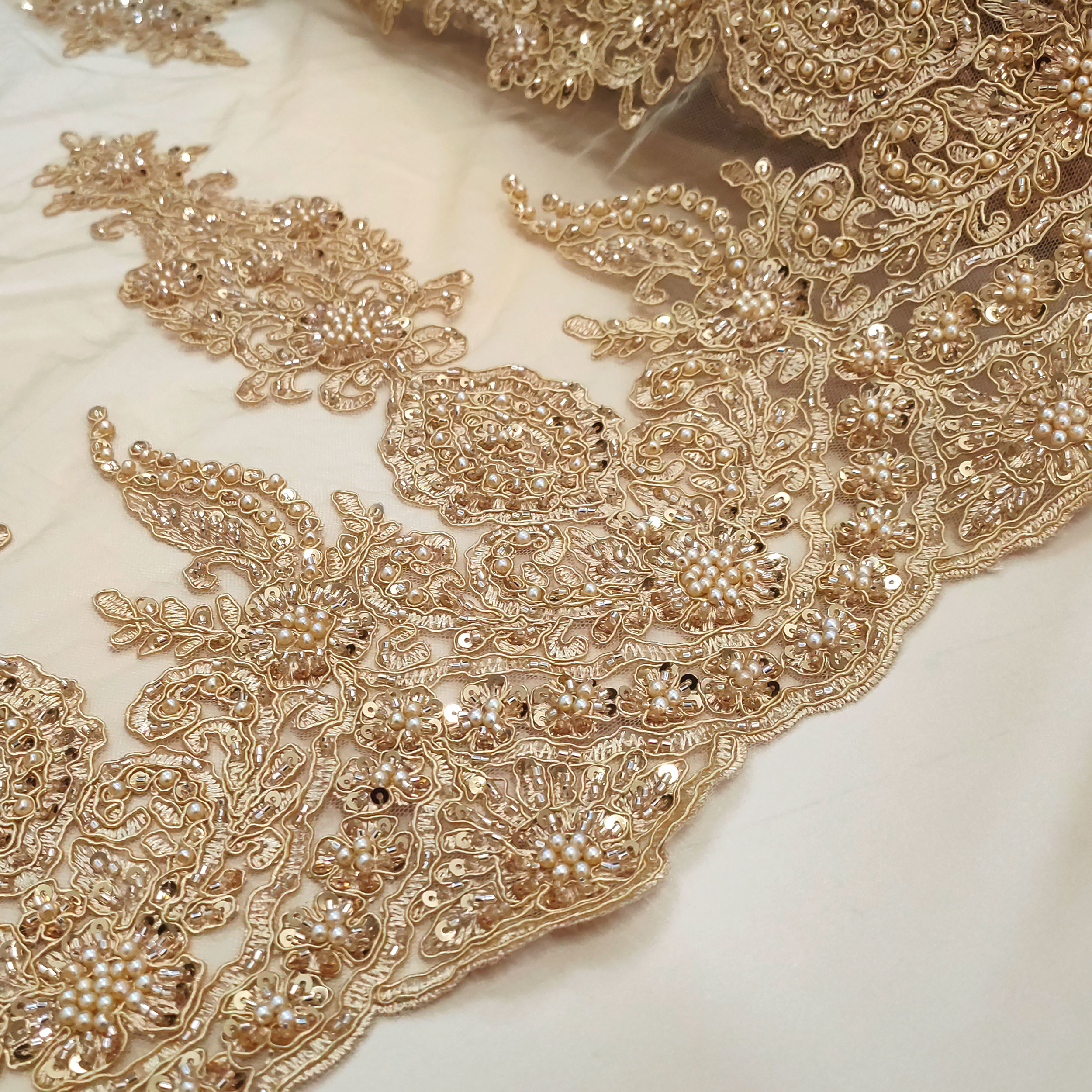 High Fashion Beaded Double Edge Floral Lace - Gold