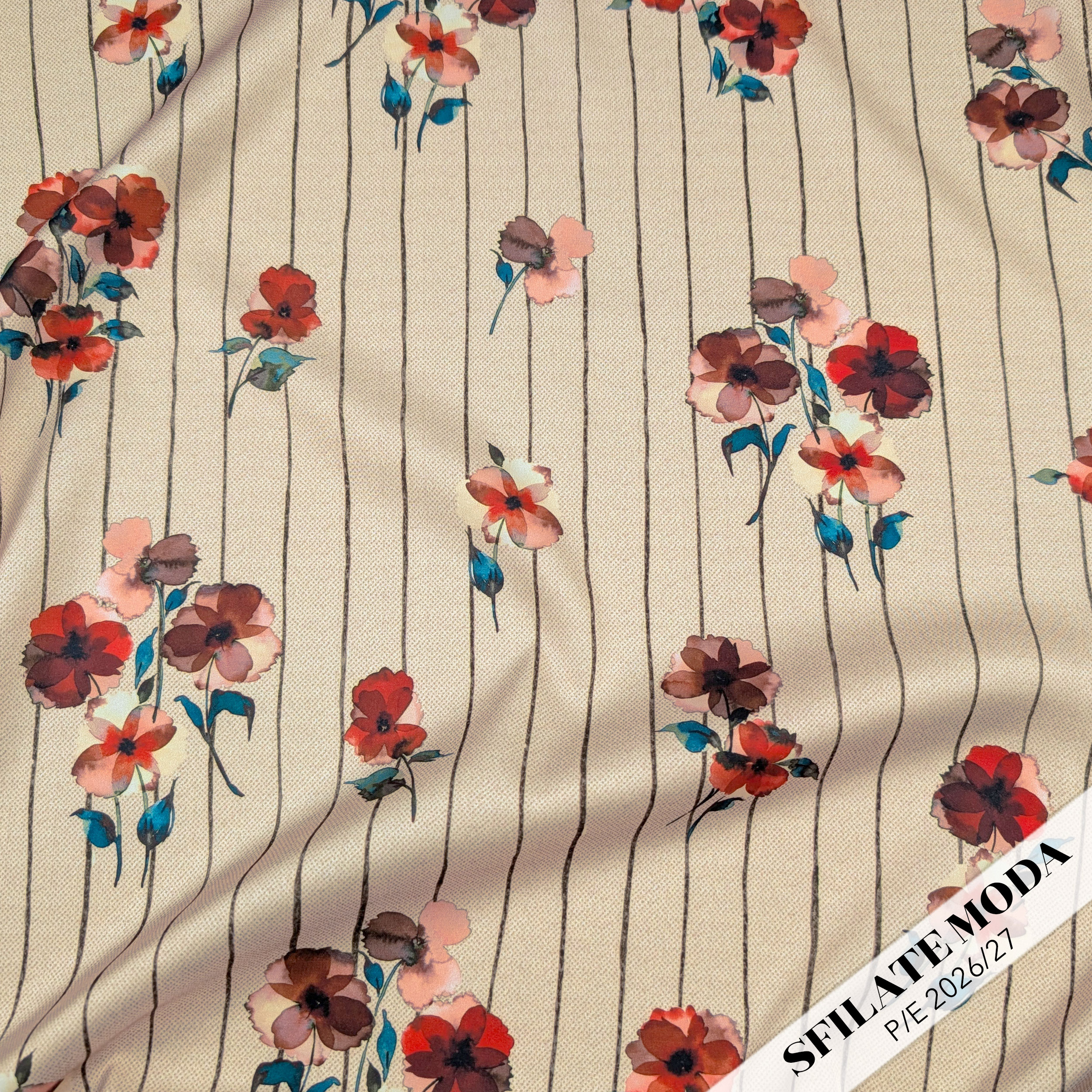 Satin Set High Fashion Red Flowers and Stripes Image