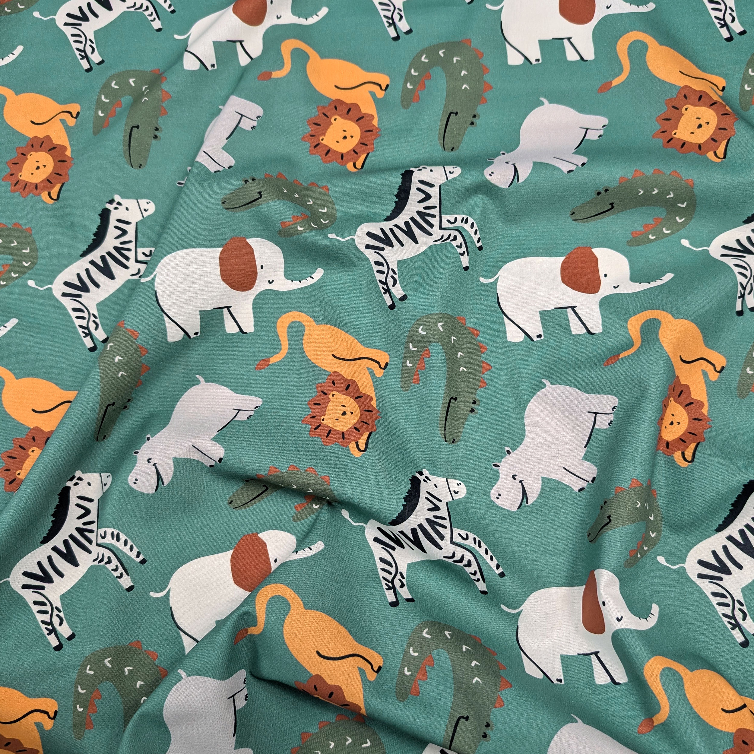 Poplin Cotton Savannah Animals Green Background Image