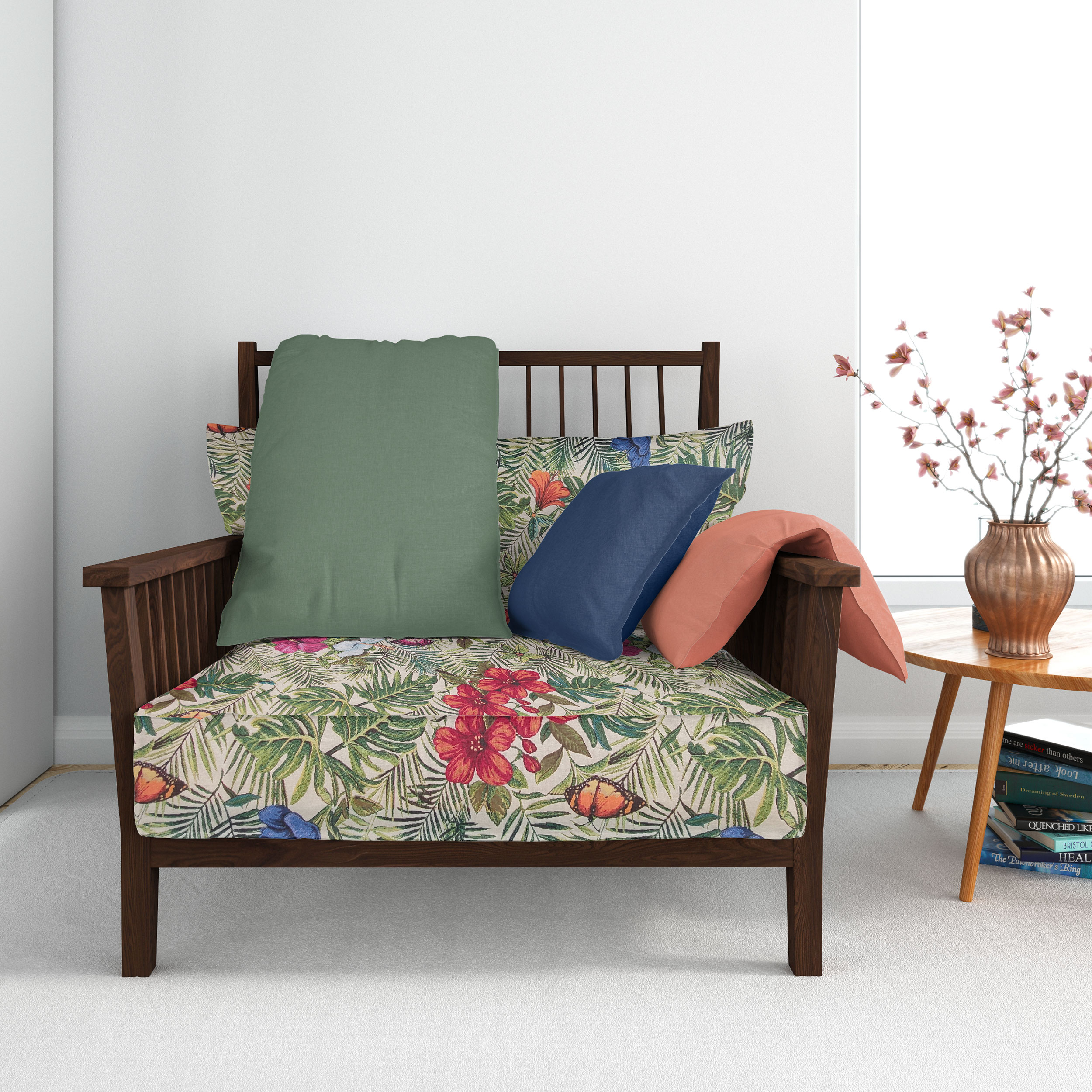 Tela de gobelino con estampado de flores tropicales