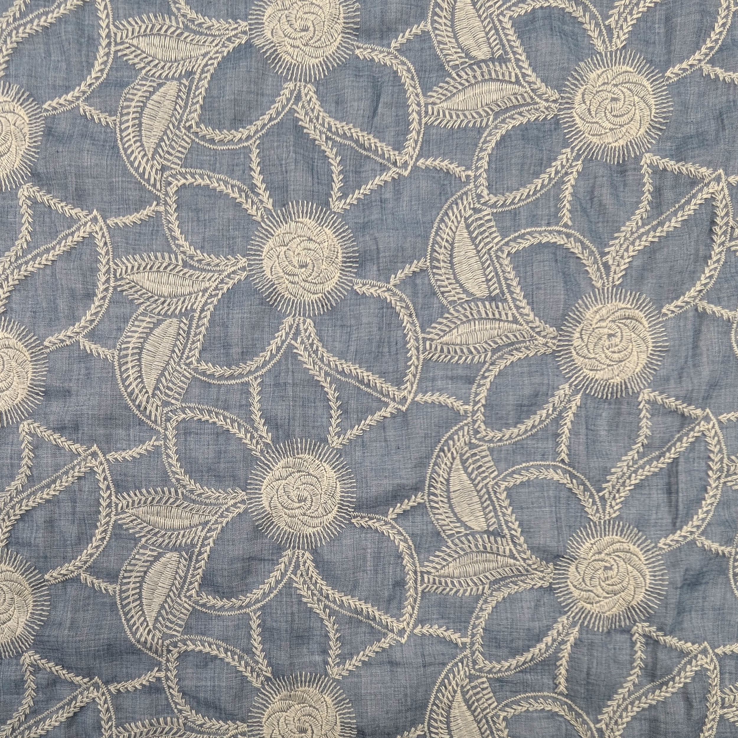 Blue Flower Embroidered Cotton Muslin Image