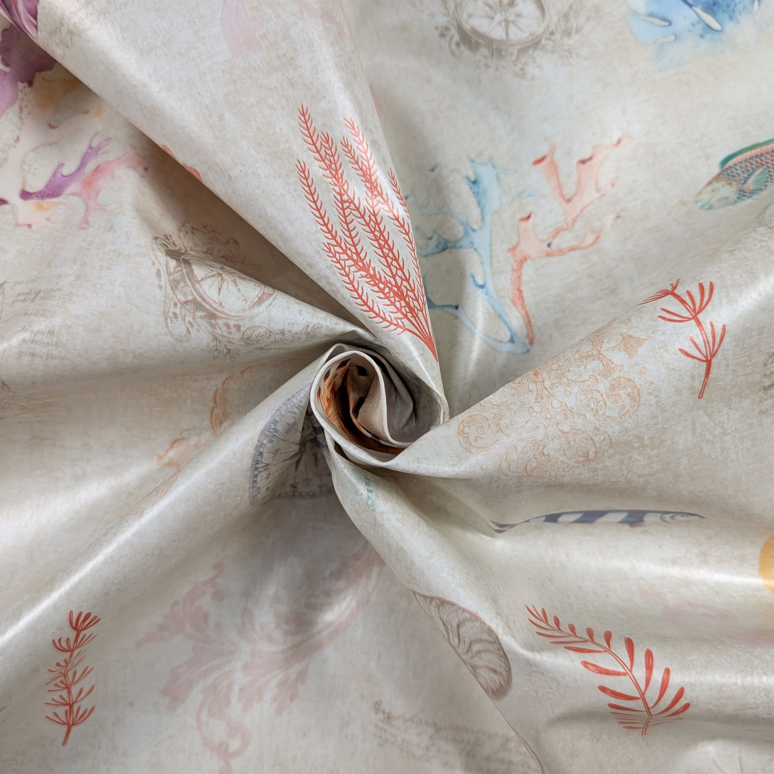 Fish and Shells Patterned Plasticised Tablecloth Fabric Image