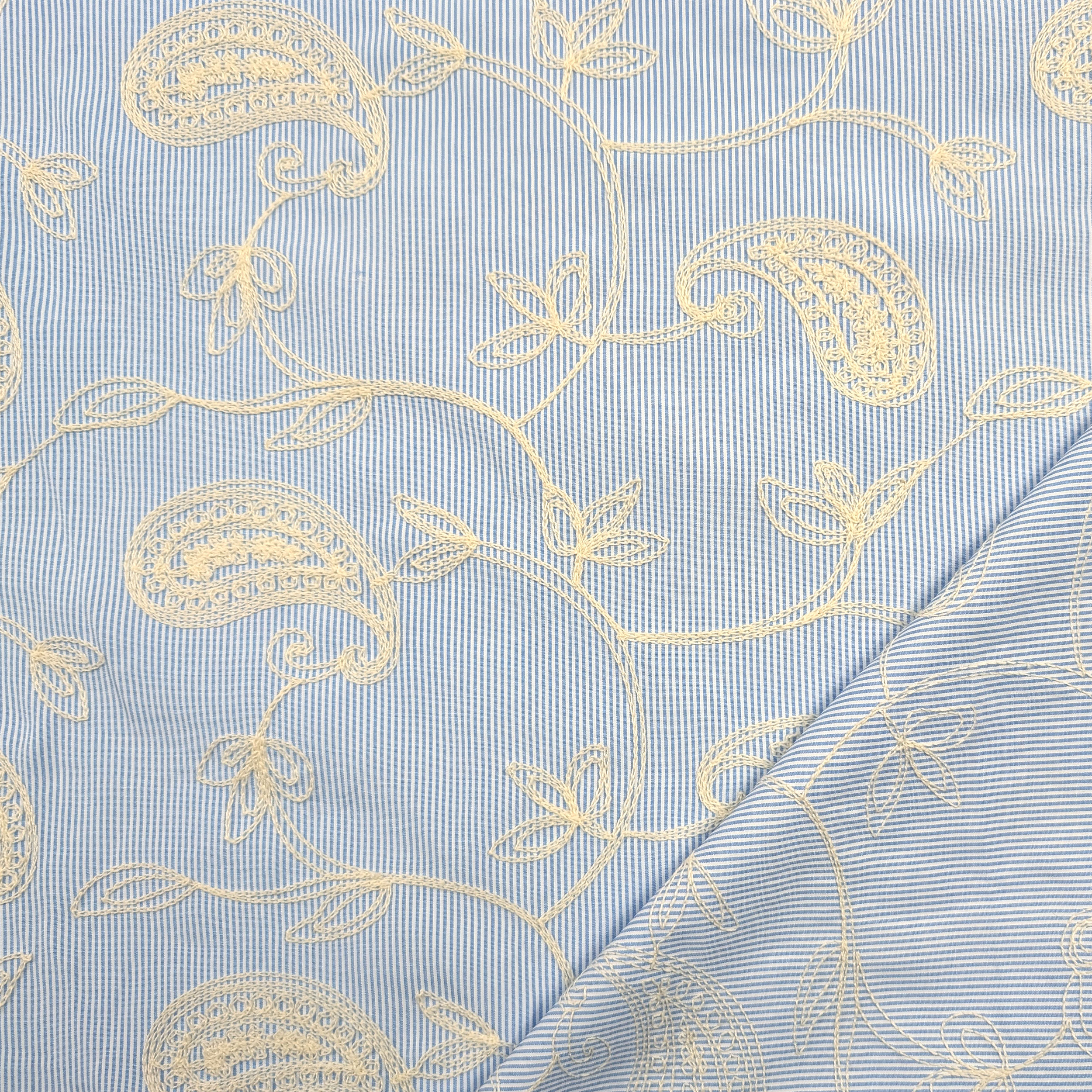 Light Blue Fine-Striped Cotton with Embroidered Leaves Image