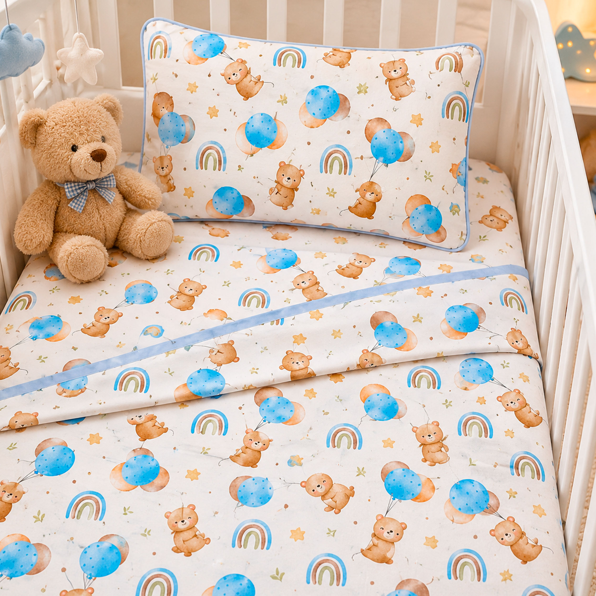 Light Blue Percale Cotton with Bears and Balloons Image
