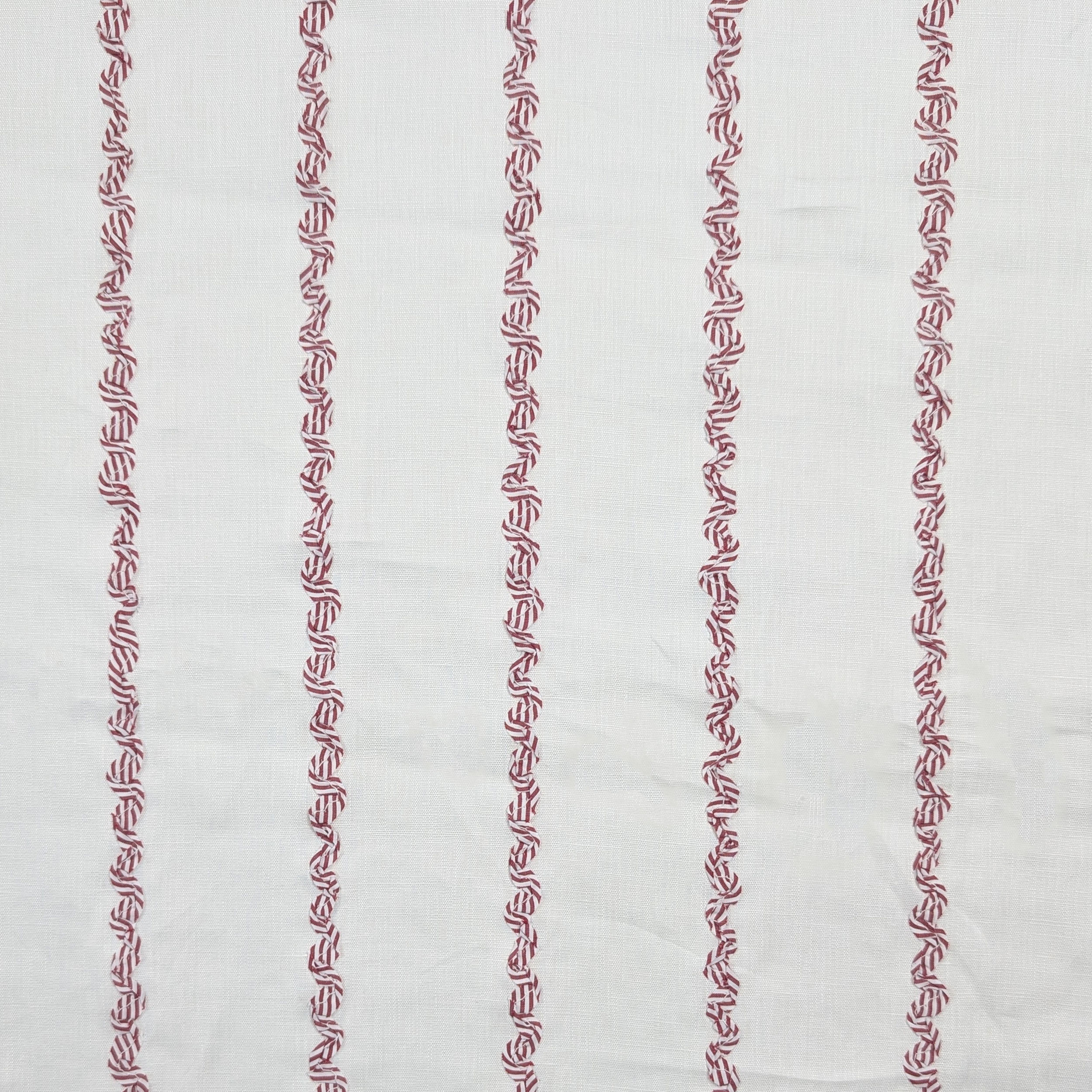 Pure Linen Fabric with Red Wavy Stripes Pattern Image