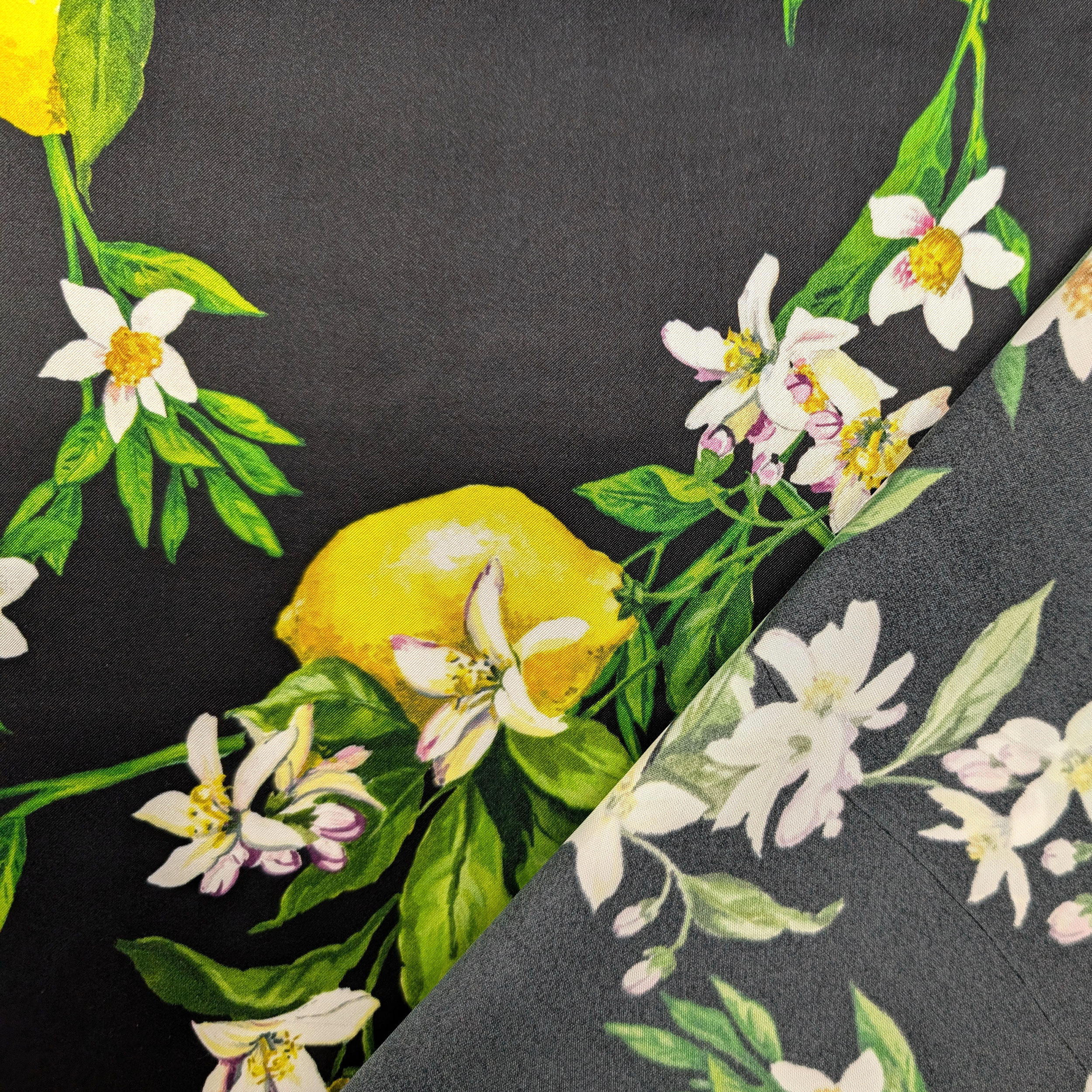 Satin Silk Viscose Natural Black Flowers and Lemons Image