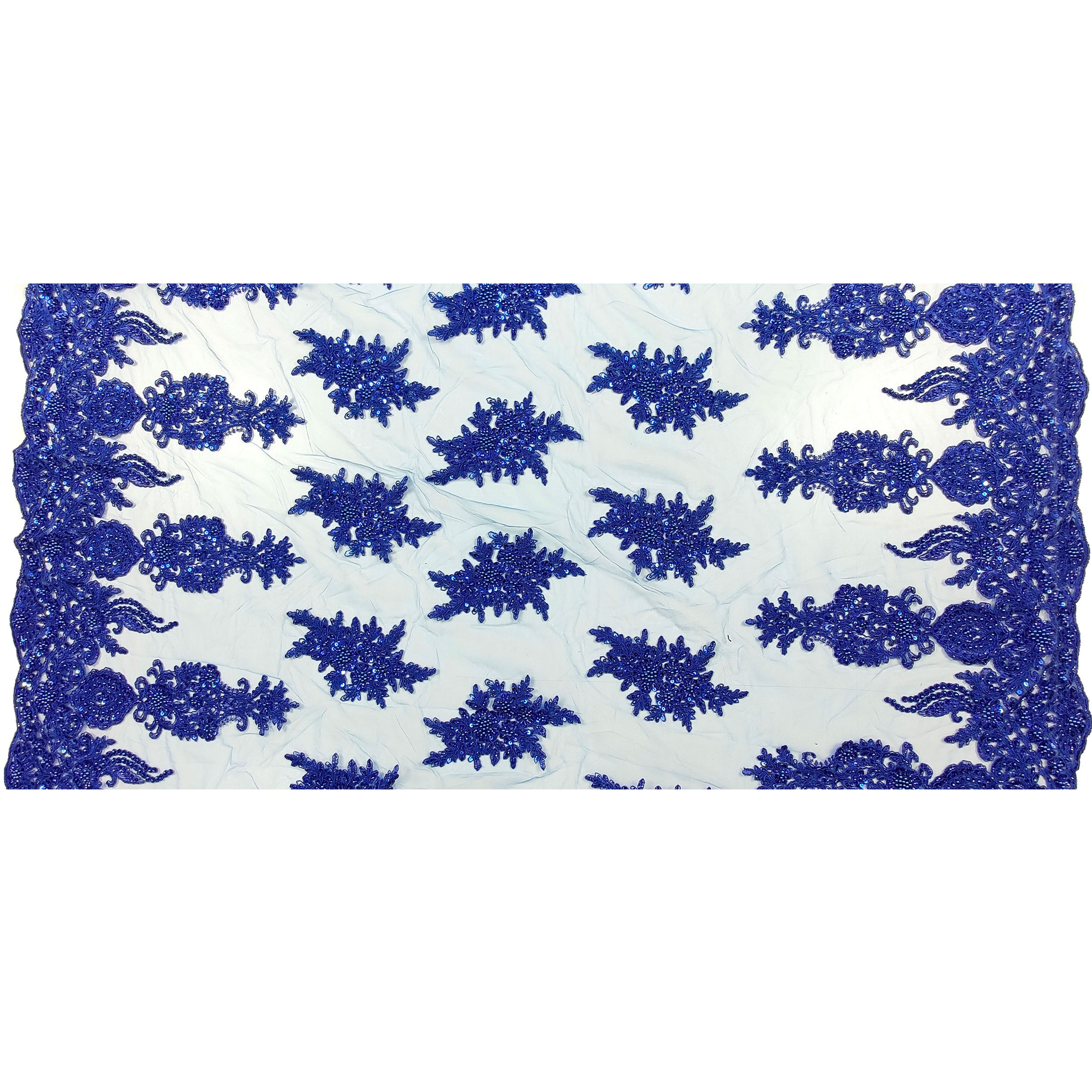 High Fashion Beaded Double Edge Floral Lace - Cornflower Blue