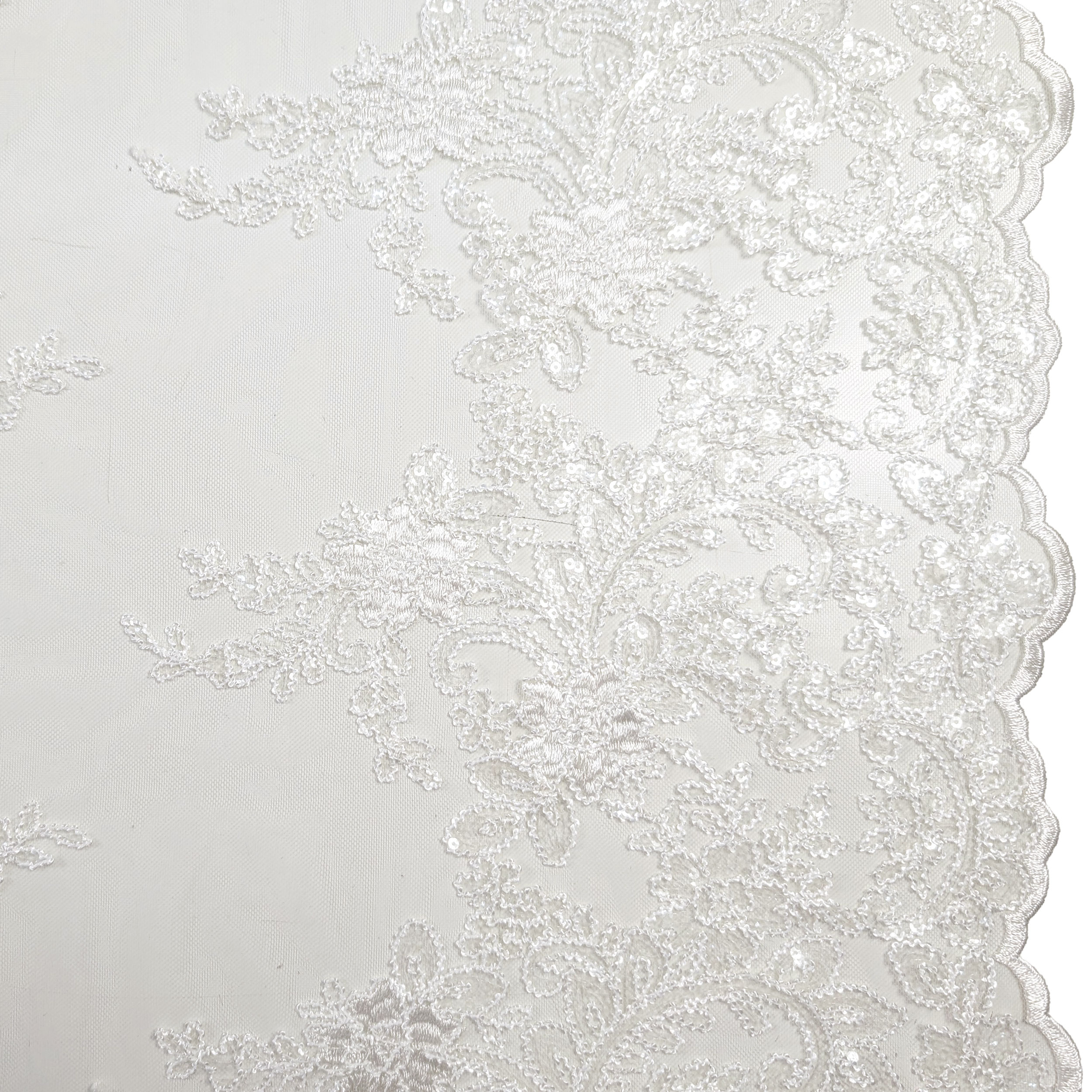Tissu Tulle Broderie Paillettes Double Feston Blanc