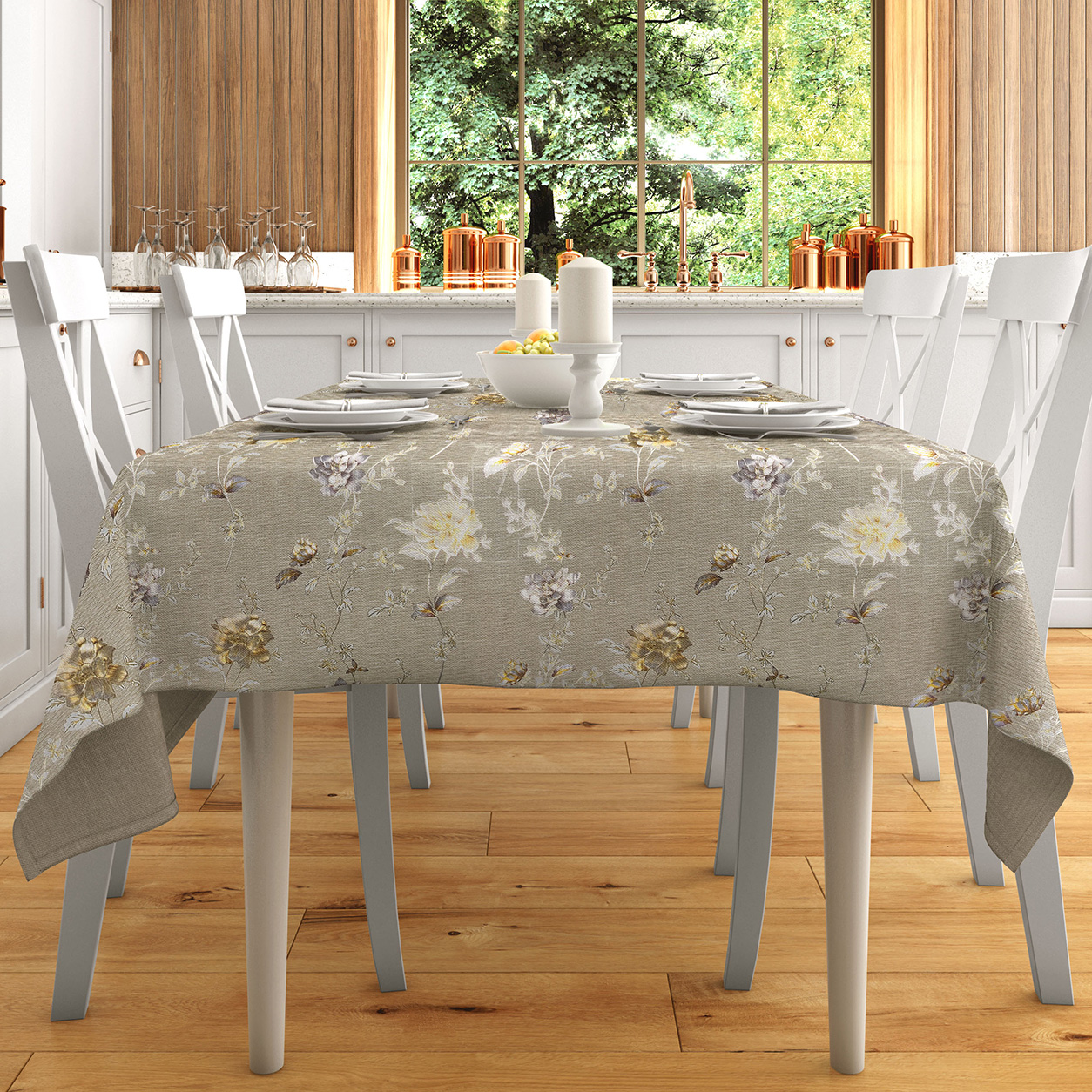 Nappe Métallique Tissu Fleurs Fond Beige Image