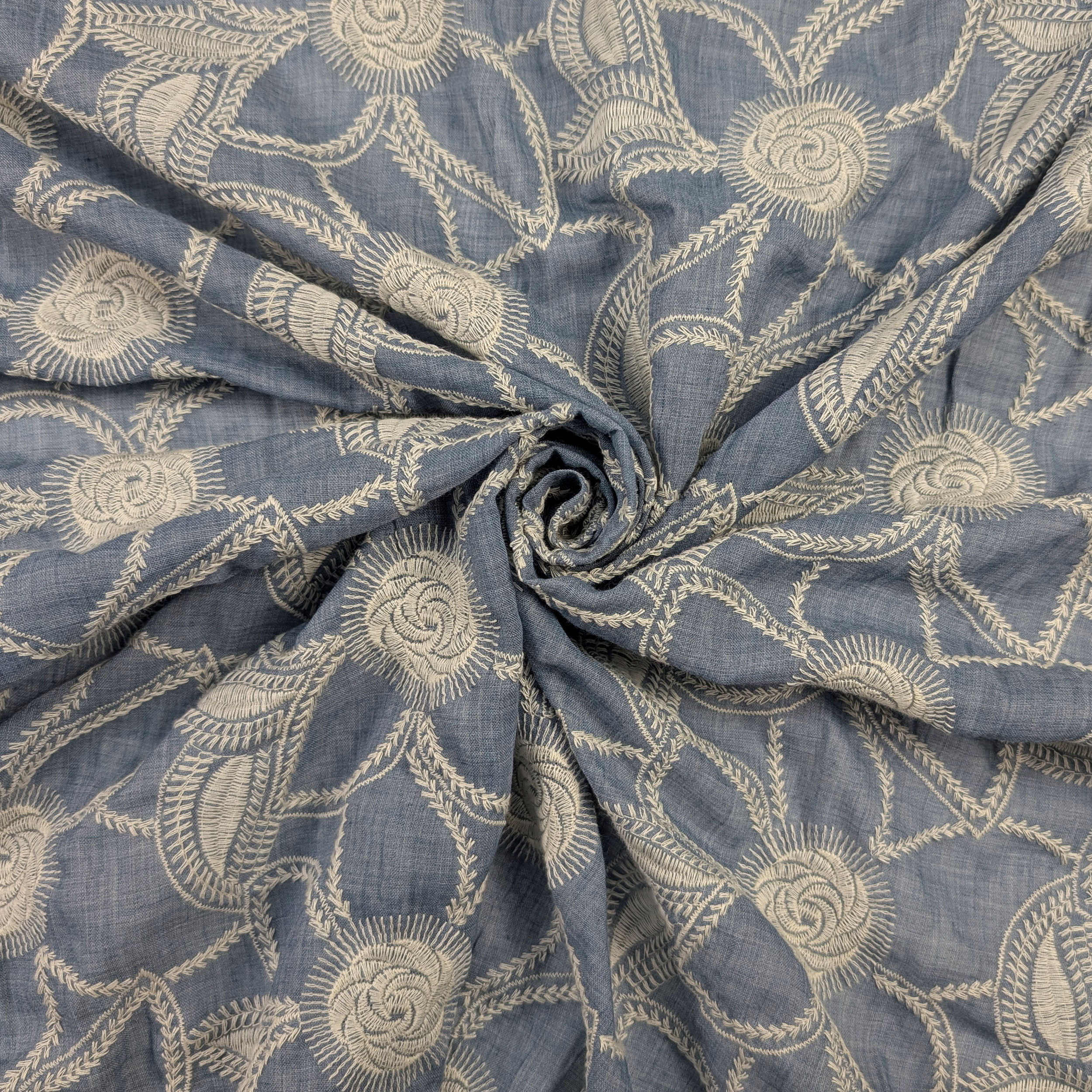 Blue Flower Embroidered Cotton Muslin Image