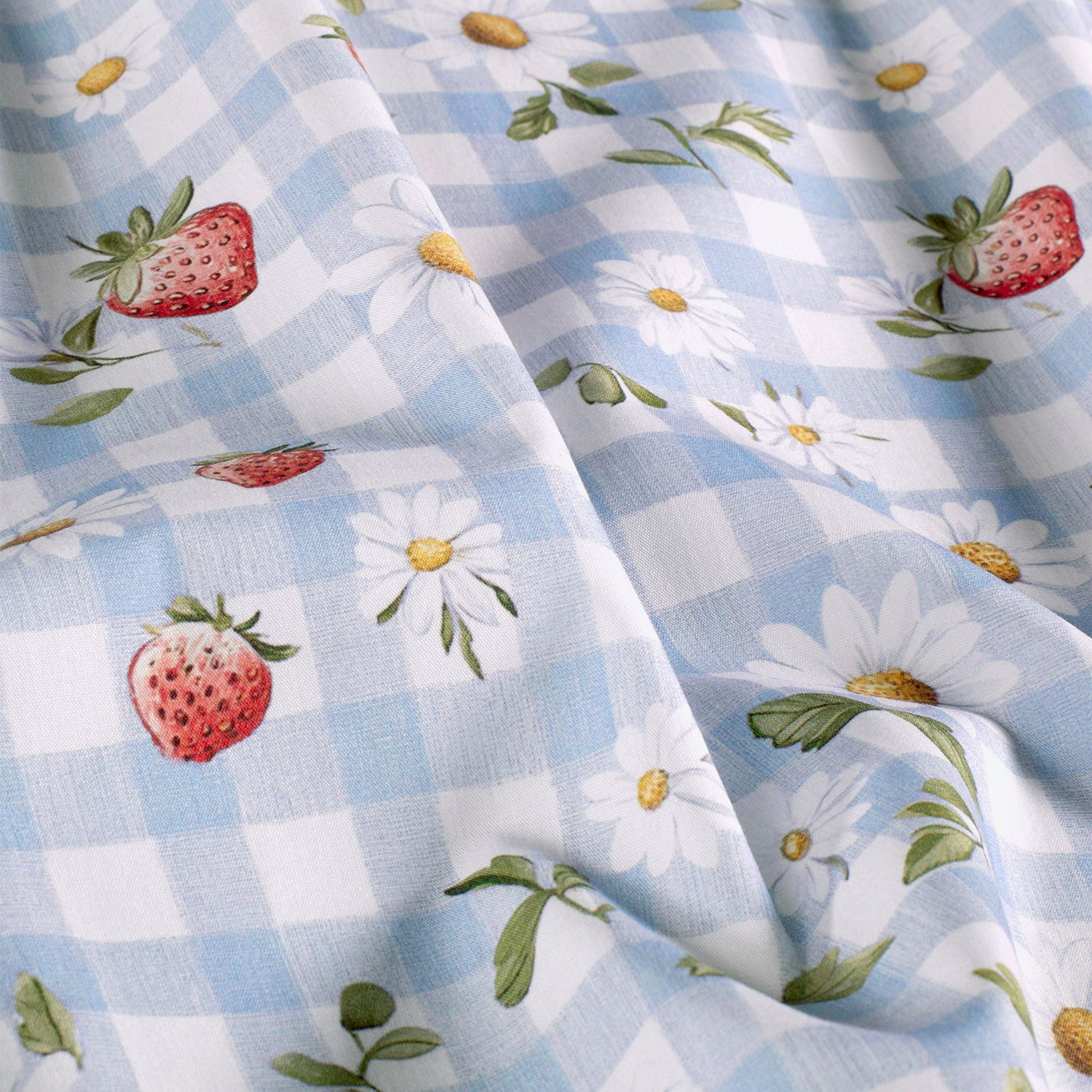 Light Blue and Strawberry Check Cotton Poplin Image