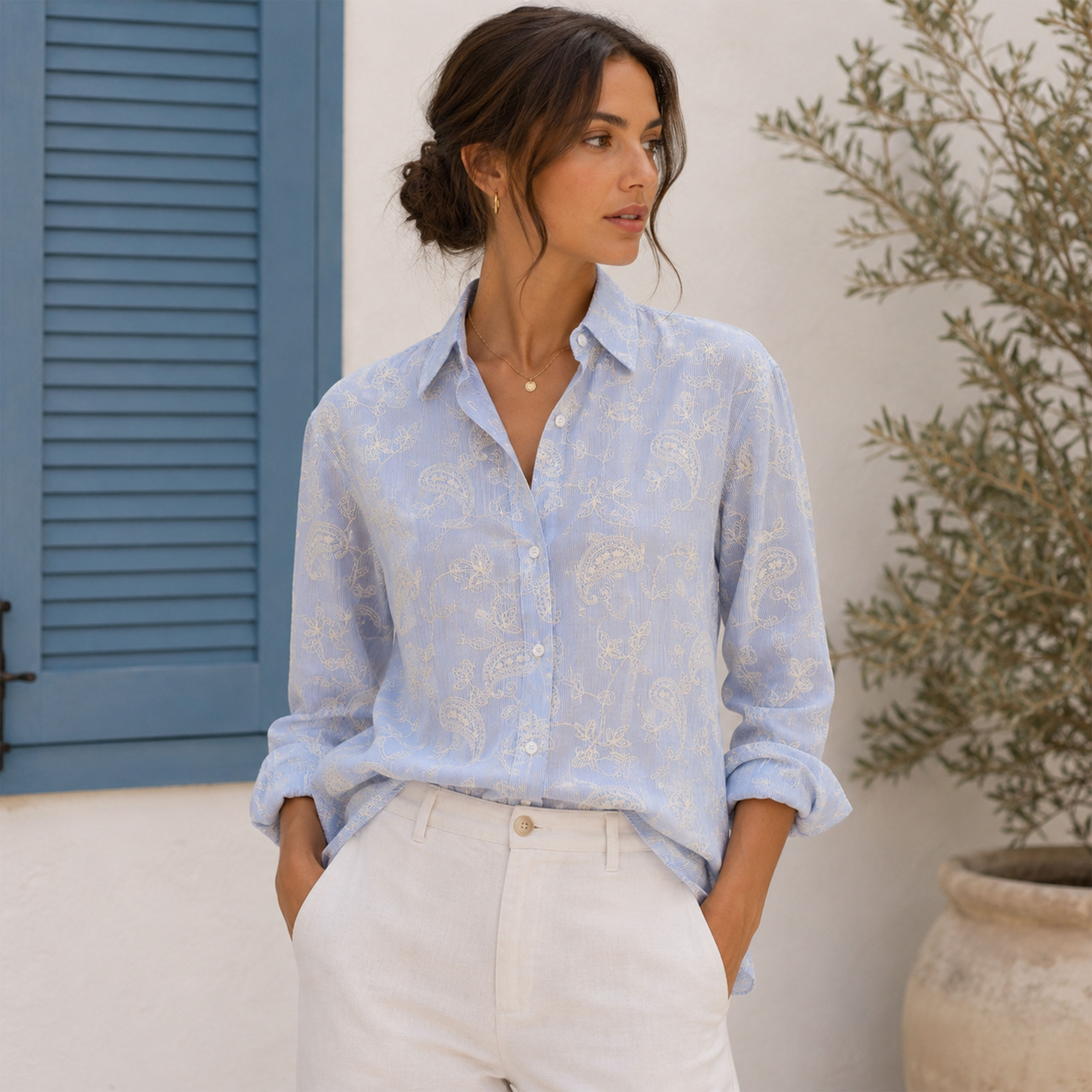 Light Blue Fine-Striped Cotton with Embroidered Leaves Image