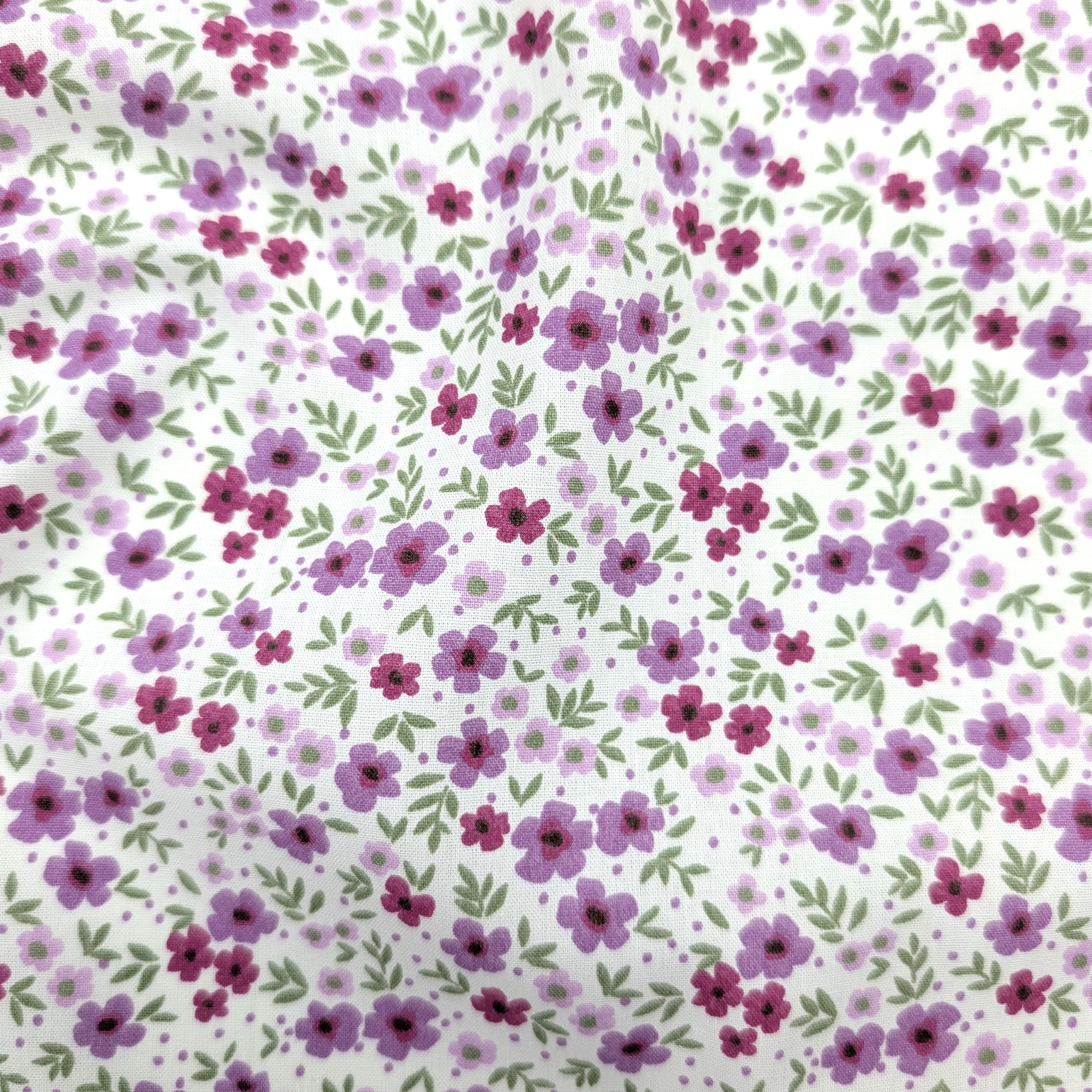 Poplin Cotton Flowers Lilac and Dark Fuxia